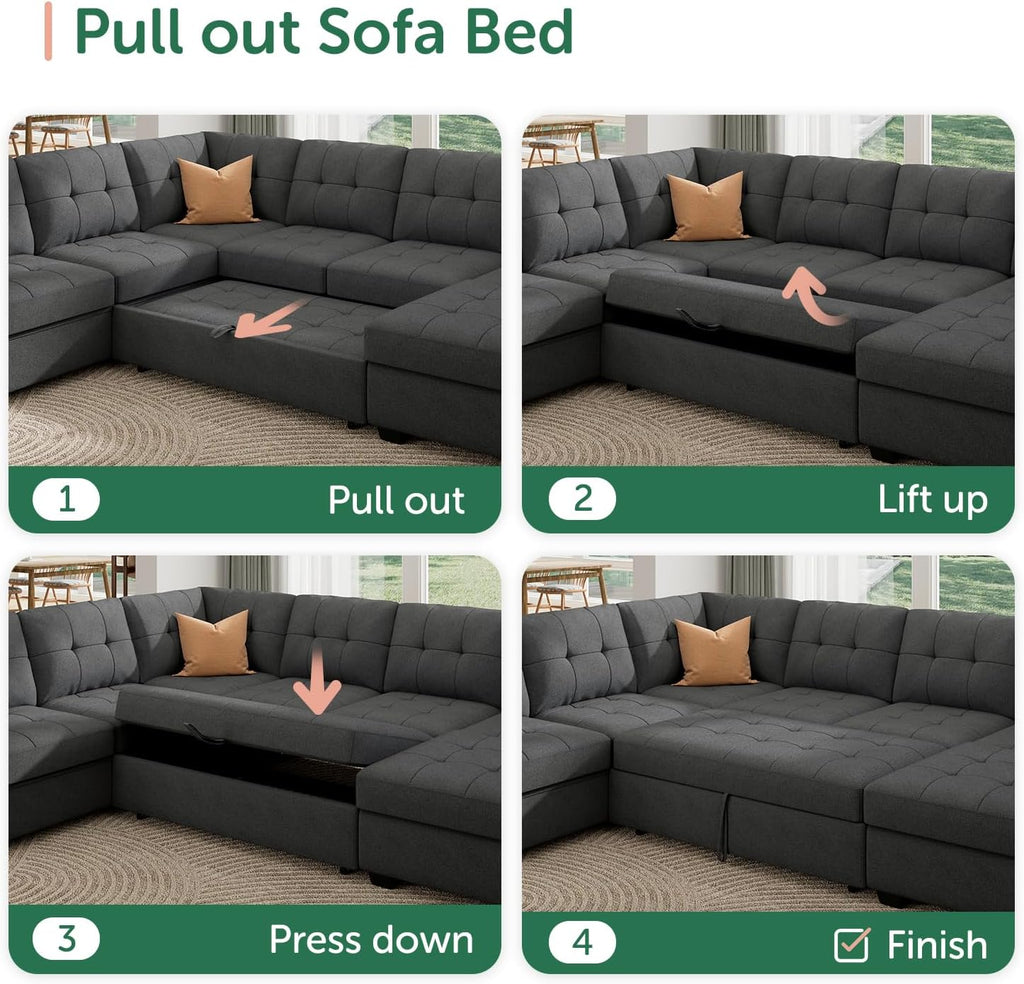 HONBAY Sectional Sleeper Sofa Pull Out Bed with Storage Chaise, Sleeper Sectional Sofa Couch, Sectional Sleeper Bed for Living Room, Dark Grey