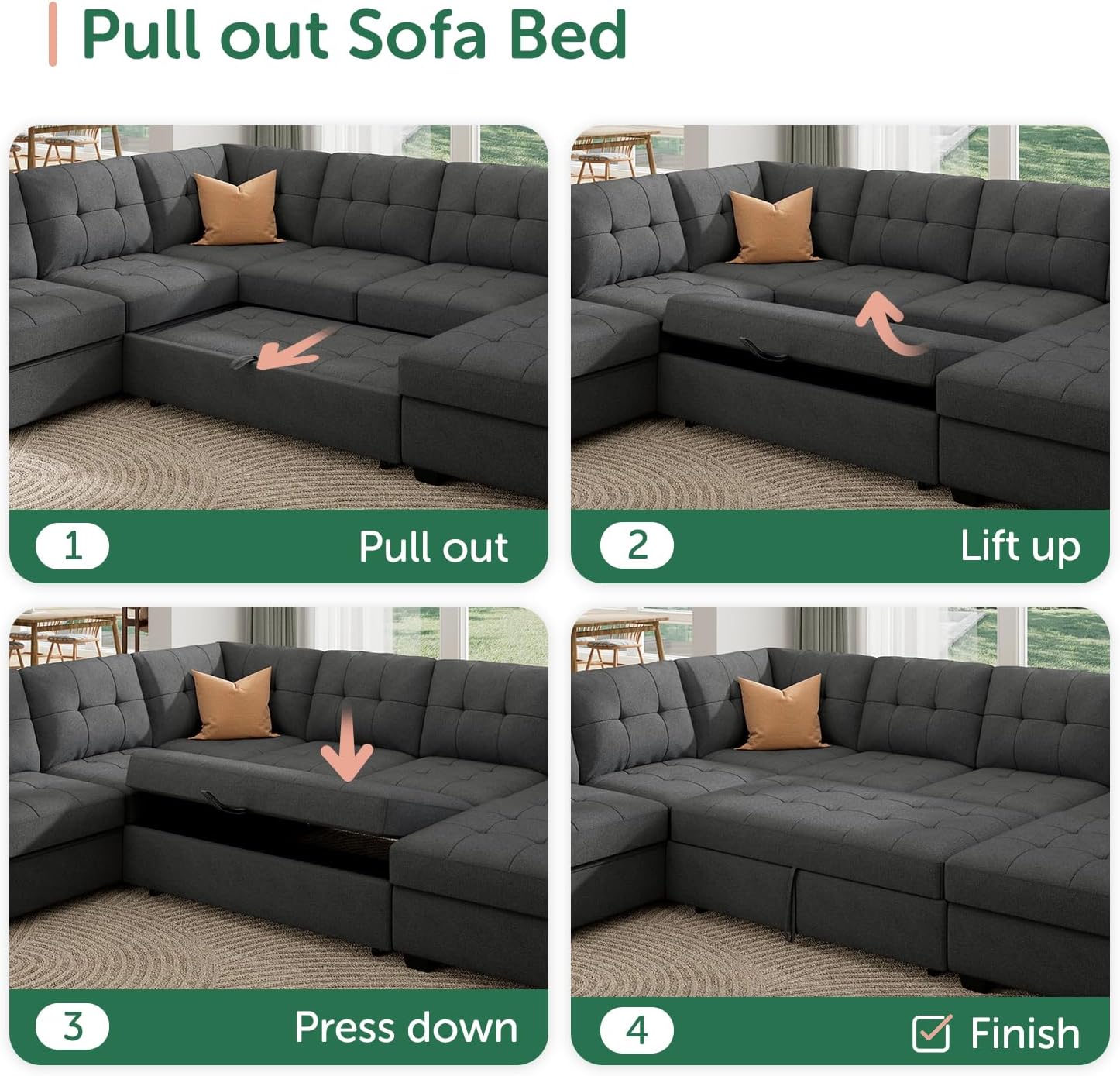 HONBAY Sectional Sleeper Sofa Pull Out Bed with Storage Chaise, Sleeper Sectional Sofa Couch, Sectional Sleeper Bed for Living Room, Dark Grey
