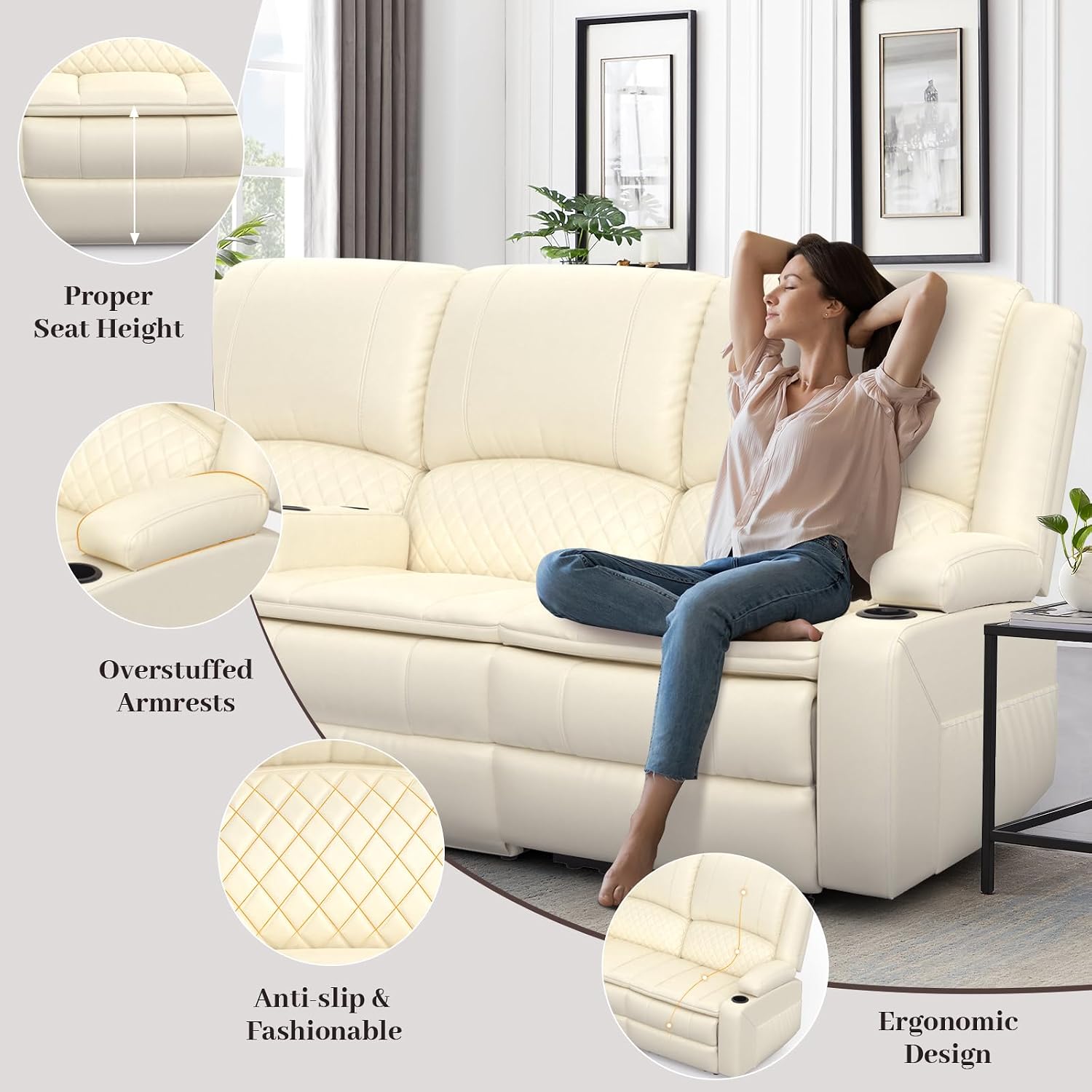 Yolsali 3-Seater Recliner Sofa, Manual Reclining Couch with Multi-Functional Middle Seat, Reclining Sofa for Living Room with Hidden Storage Space, Cup Holders, and Removable Console