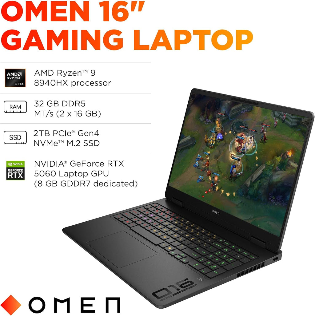 HP OMEN 16 Slim Gaming Laptop (AMD Ryzen 9 8940HX, 32GB DDR5, 2TB SSD, NVIDIA RTX 5060 8GB, 16-core (>Ultra 7-155H)), FHD+ 144Hz Display, 4-Zone RGB Backlit, IR Webcam, Wi-Fi, IST Dock, Win 11H