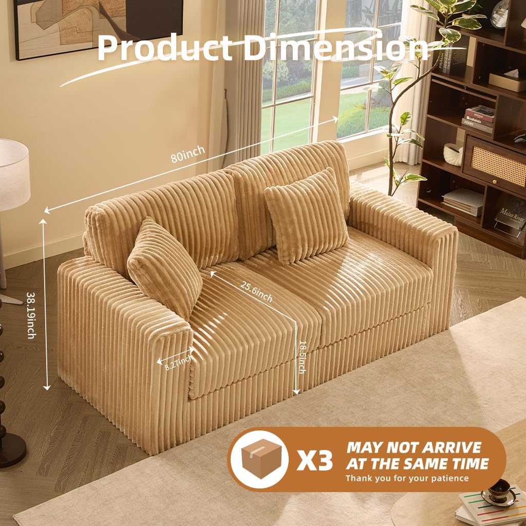 Cloud Couch Queen Sofa 80' 2-Seater Sofa(Not Boneless), Set of Modern Corduroy Loveseat with Deep Seats, High Backrest & Pocket Spring Cushions, Comfy Upholstered Couch for Living Room, Camel