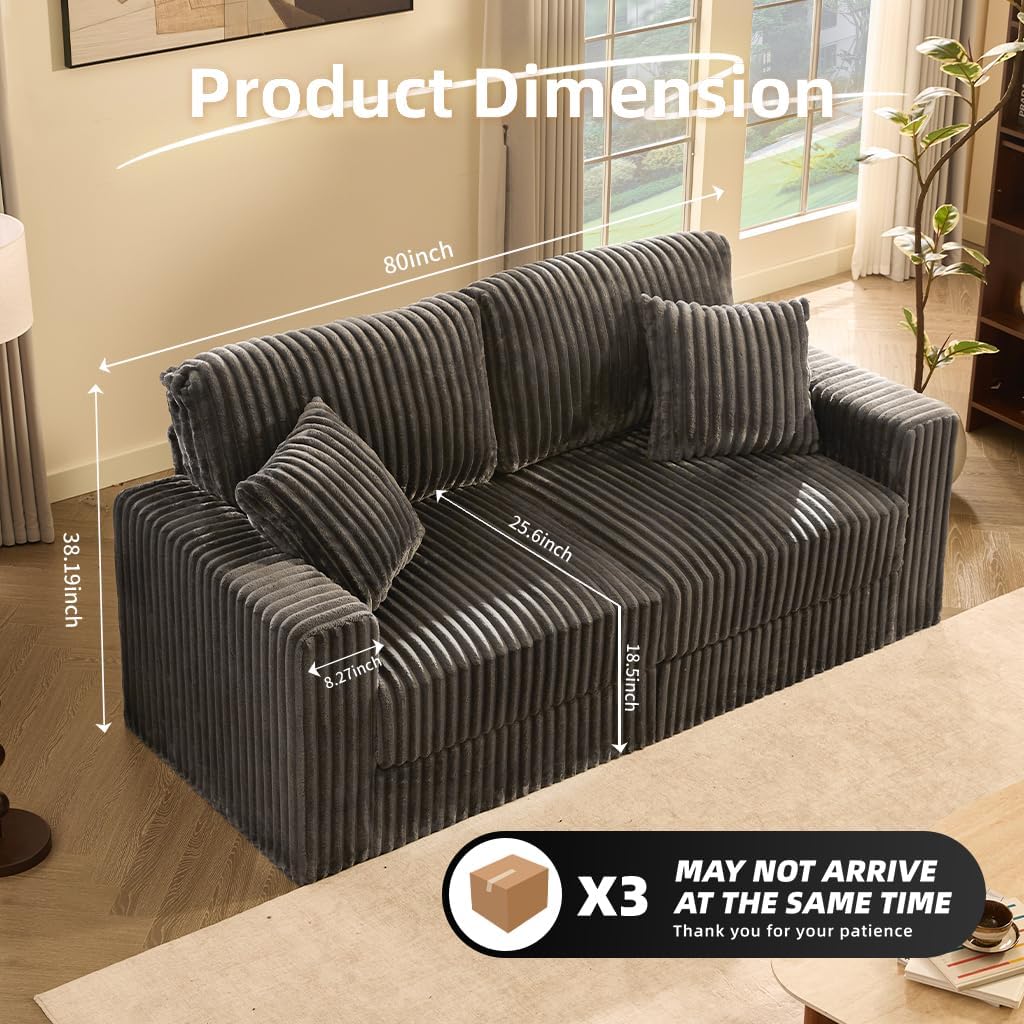 Cloud Couch Queen Sofa 80' 2-Seater Sofa(Not Boneless), Set of Modern Corduroy Loveseat with Deep Seats, High Backrest & Pocket Spring Cushions, Comfy Upholstered Couch for Living Room, Grey