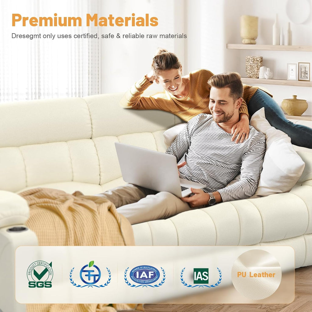 Dresegmt Loveseat Recliner Sofa, Flip Middle Backrest Design PU Leather 3 Seat Reclining Sofa with Storage Drawer, Manual Couch for Living Room (Ivory White, PU)
