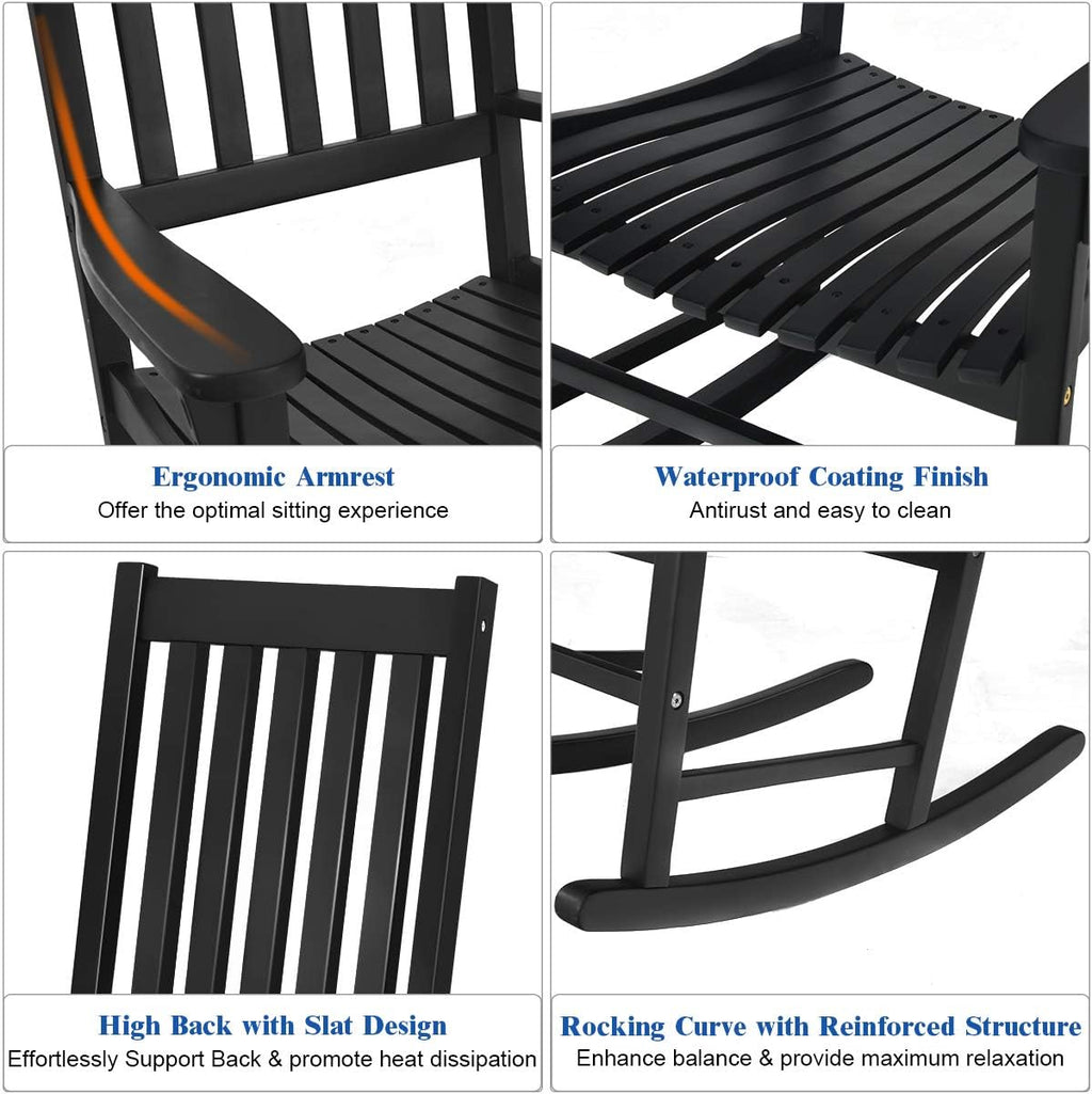 Giantex Rocking Chair Acacia Wood Frame Outdoor& Indoor for Garden, Lawn, Balcony, Backyard and Patio Porch Rocker (2, Black)