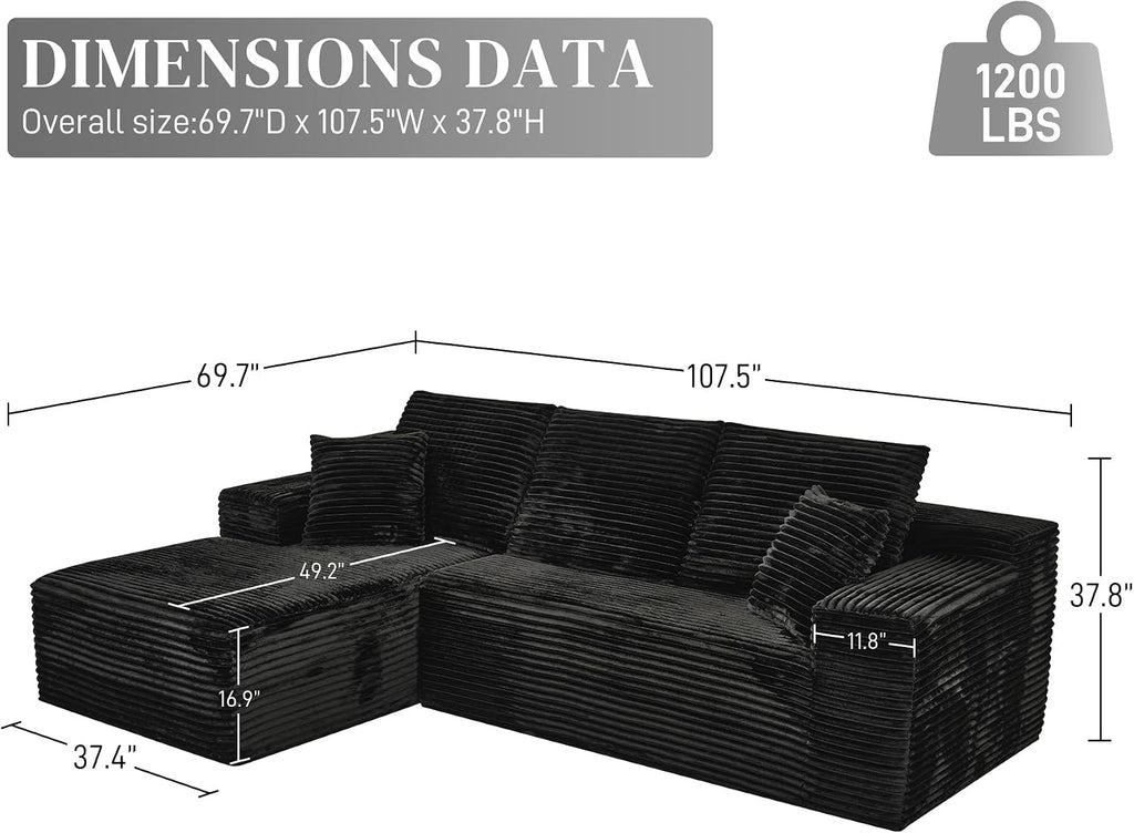 108' Boneless Couches for Living Room, L Shaped Comfy Cloud Modular Sectional Memory Foam Deep Seat Boneless Couch, No Assembly Required Boneless Sofa for Living Room with Left Facing Chaise, Black