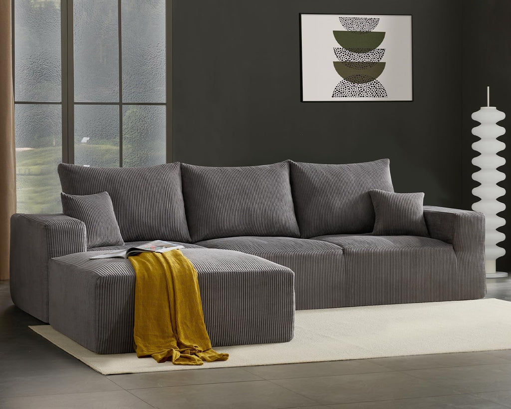 Gericco 113' Modular Sectional Couch, Cloud Boneless Sofa with Deep Seats, Upholstered Corduroy Square Stuffed Ottoman Pouf, 40 * 40 Inch Furry & Fluffy Movable Foot Stool for Living Room, Grey