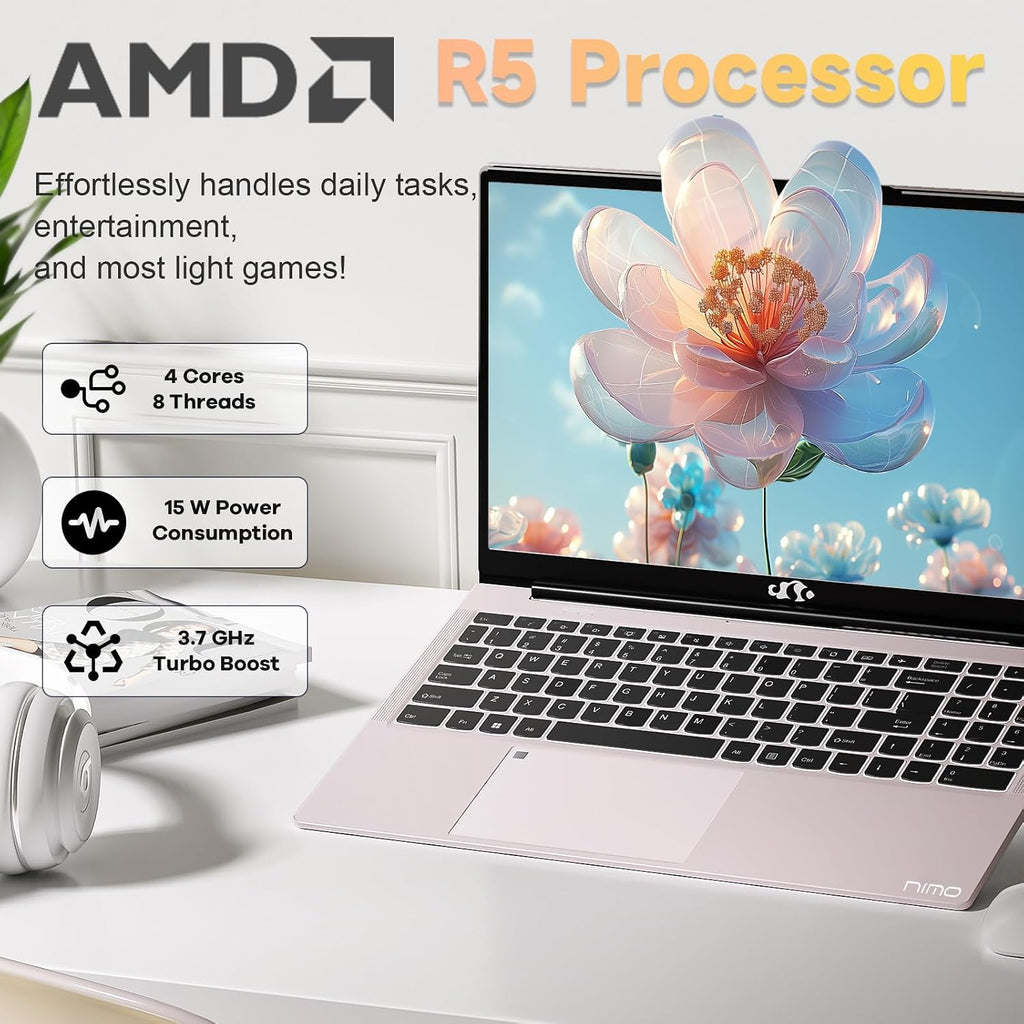 NIMO 15.6 inch Laptop FHD, AMD Ryzen 5 3500U, 32GB RAM, 1TB SSD, Windows 11, Backlit Keyboard, Fingerprint Reader, 65W PD, Lightweight Computer for Work and Student, Rose