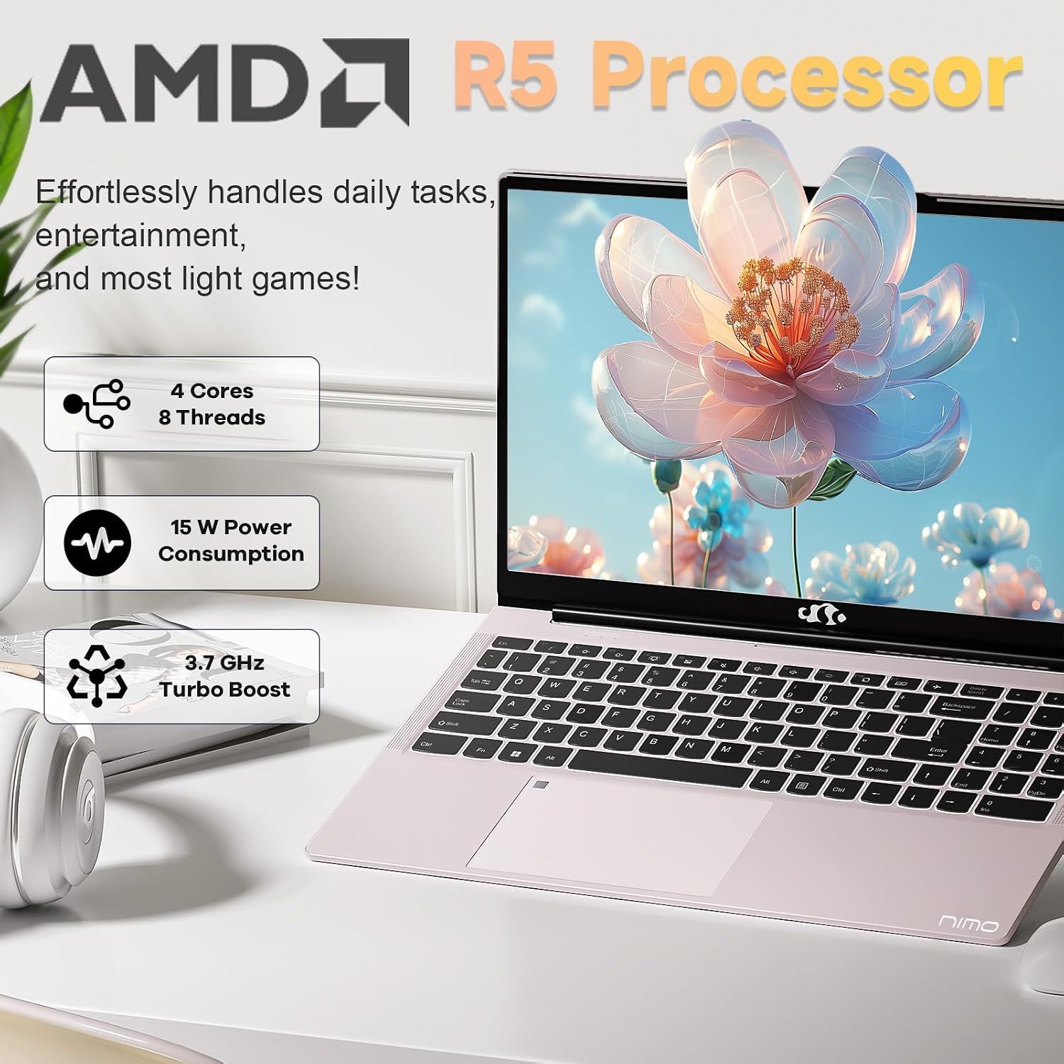 NIMO 15.6 inch Laptop FHD, AMD Ryzen 5 3500U, 32GB RAM, 1TB SSD, Windows 11, Backlit Keyboard, Fingerprint Reader, 65W PD, Lightweight Computer for Work and Student, Rose