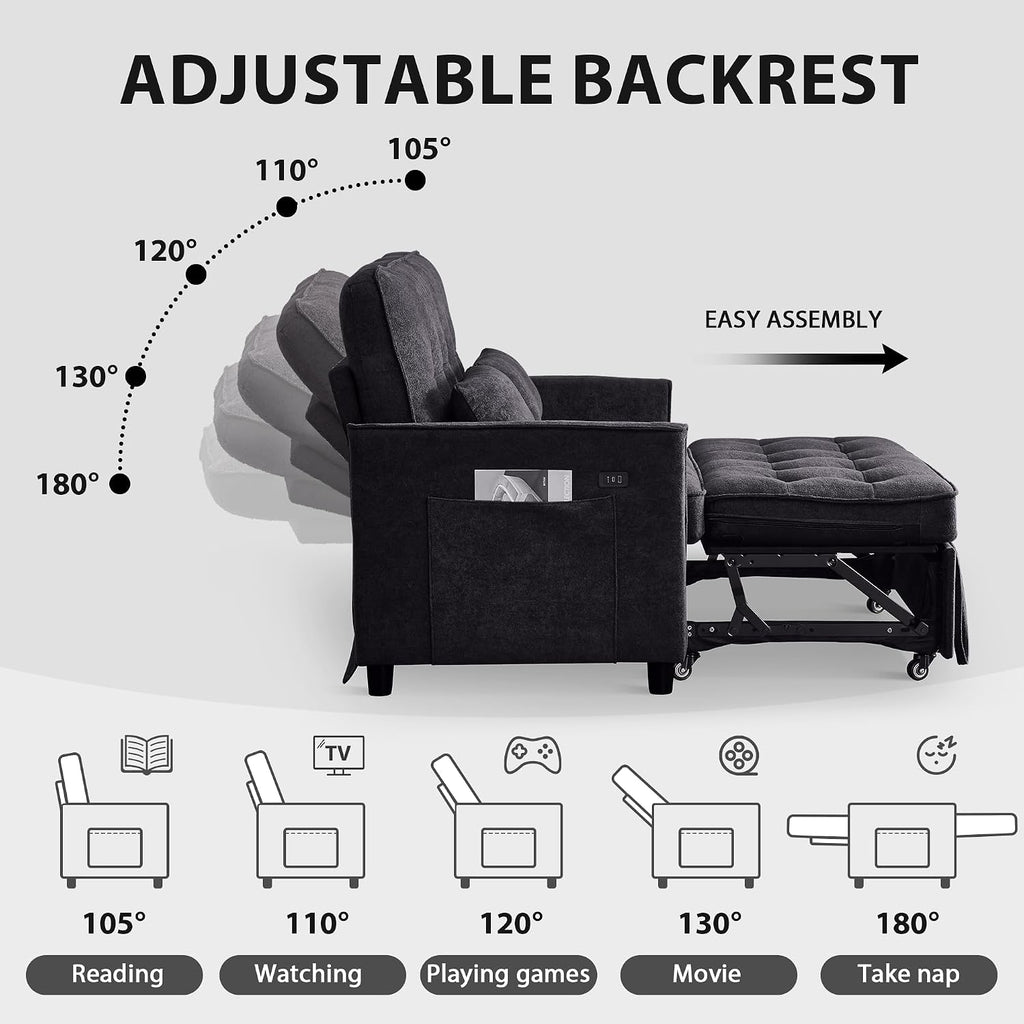 Convertible Sofa Bed, 3 in 1 Pull Out Couch, Loveseat Sleeper with Adjustable Backrest, Living Room Sofa with Two Pillows | Side Pocket | Fabric | USB Charging Port | Midnight Black