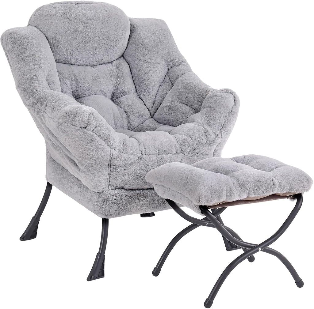 MBOOYOME Lazy Chair with Folding Ottoman, Modern Accent Armchair with Armrests and a Side Pocket & Foldable Footstool, Reading Chair for Living Room, Bedroom, Dorm & Office, Plush Grey