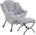 MBOOYOME Lazy Chair with Folding Ottoman, Modern Accent Armchair with Armrests and a Side Pocket & Foldable Footstool, Reading Chair for Living Room, Bedroom, Dorm & Office, Plush Grey