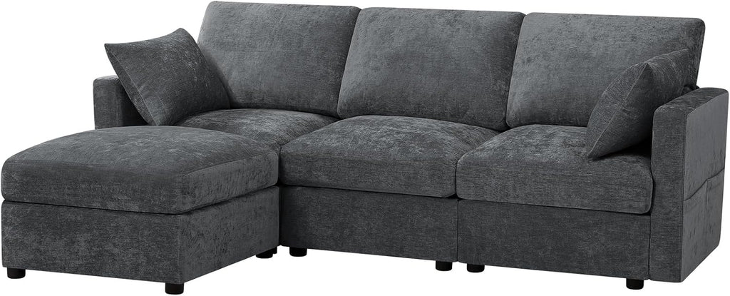 84' Chenille 3-Seats Sofa W/Movable Ottoman, Modern Fabric L-Shaped Couch w/Soft Backrests, Upholstered Sectional Sofa w/Arm Pillows for Living Room, Office, Grey
