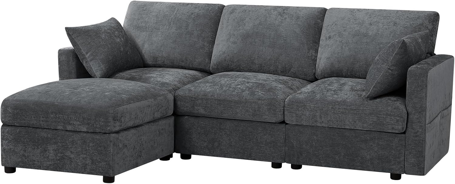 84' Chenille 3-Seats Sofa W/Movable Ottoman, Modern Fabric L-Shaped Couch w/Soft Backrests, Upholstered Sectional Sofa w/Arm Pillows for Living Room, Office, Grey