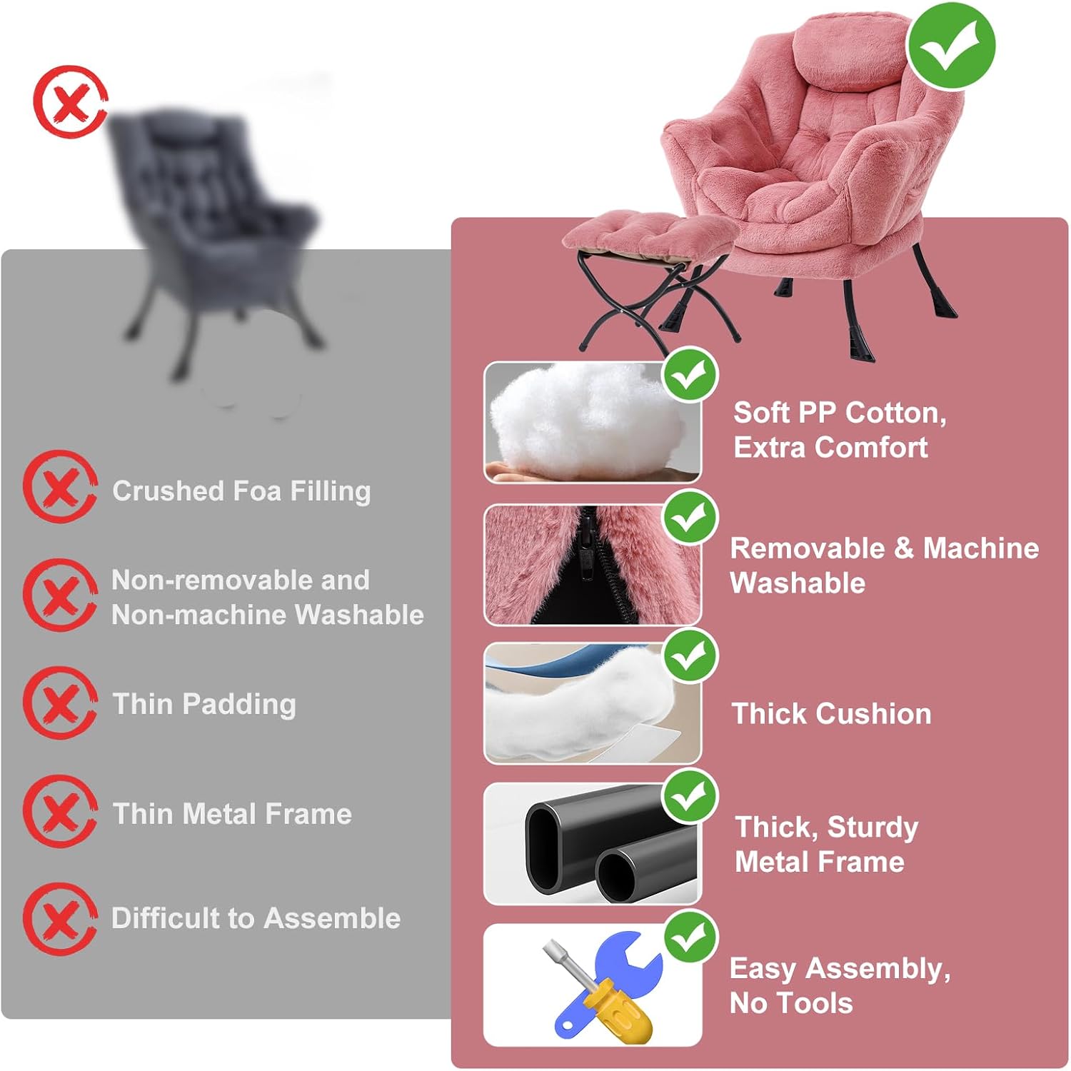 Furlide Lazy Chair with Ottoman, Modern Accent Chair with Armrests and a Side Pocket, Plush Dark Pink Accent Chairs, Reading Chairs, Oversized Armchairs for Bedroom, Study, Living Room, Courtyard