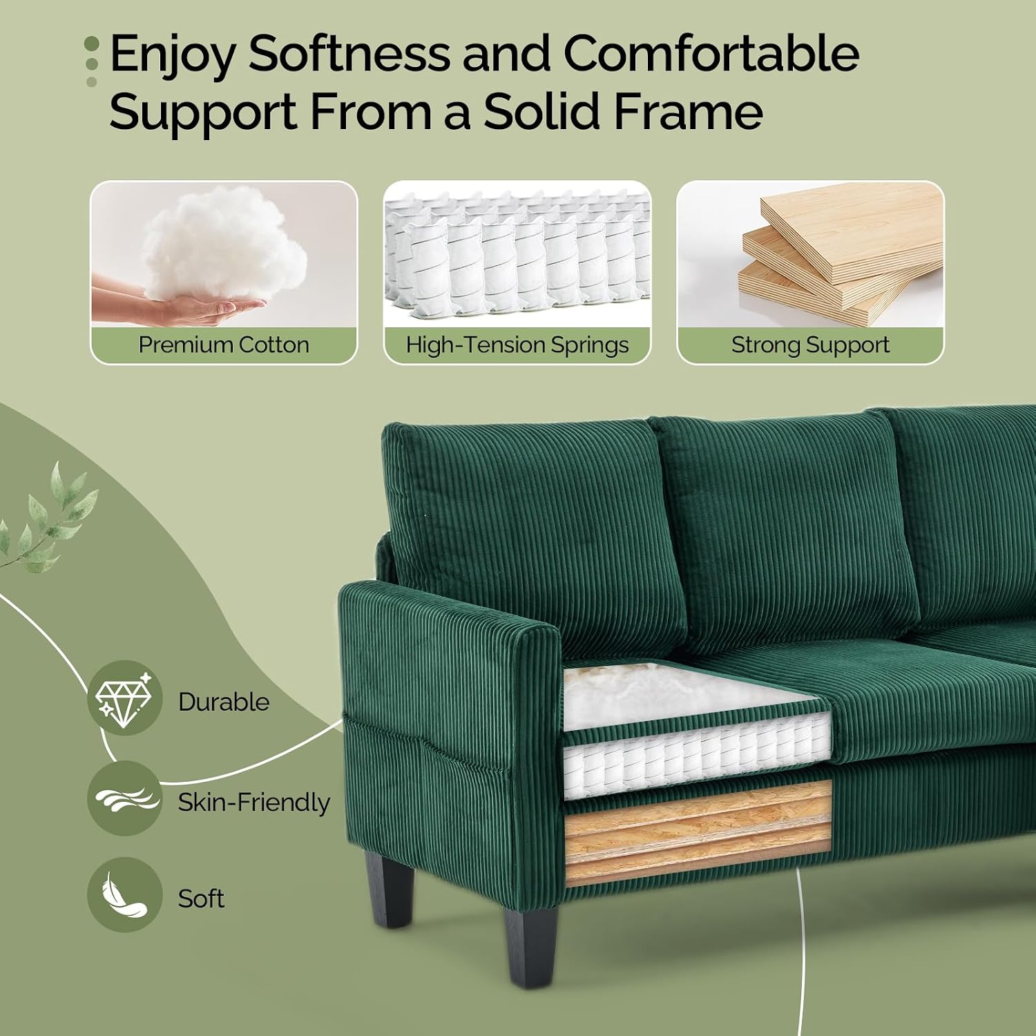 VINGLI 68.5' L Shaped Couch with Movable Storage Ottoman, Convertible Sectional Sofa in Soft Corduroy Fabric, Modern Reversible Chaise Couch for Small Spaces, Apartment, Living Room，Dark Green