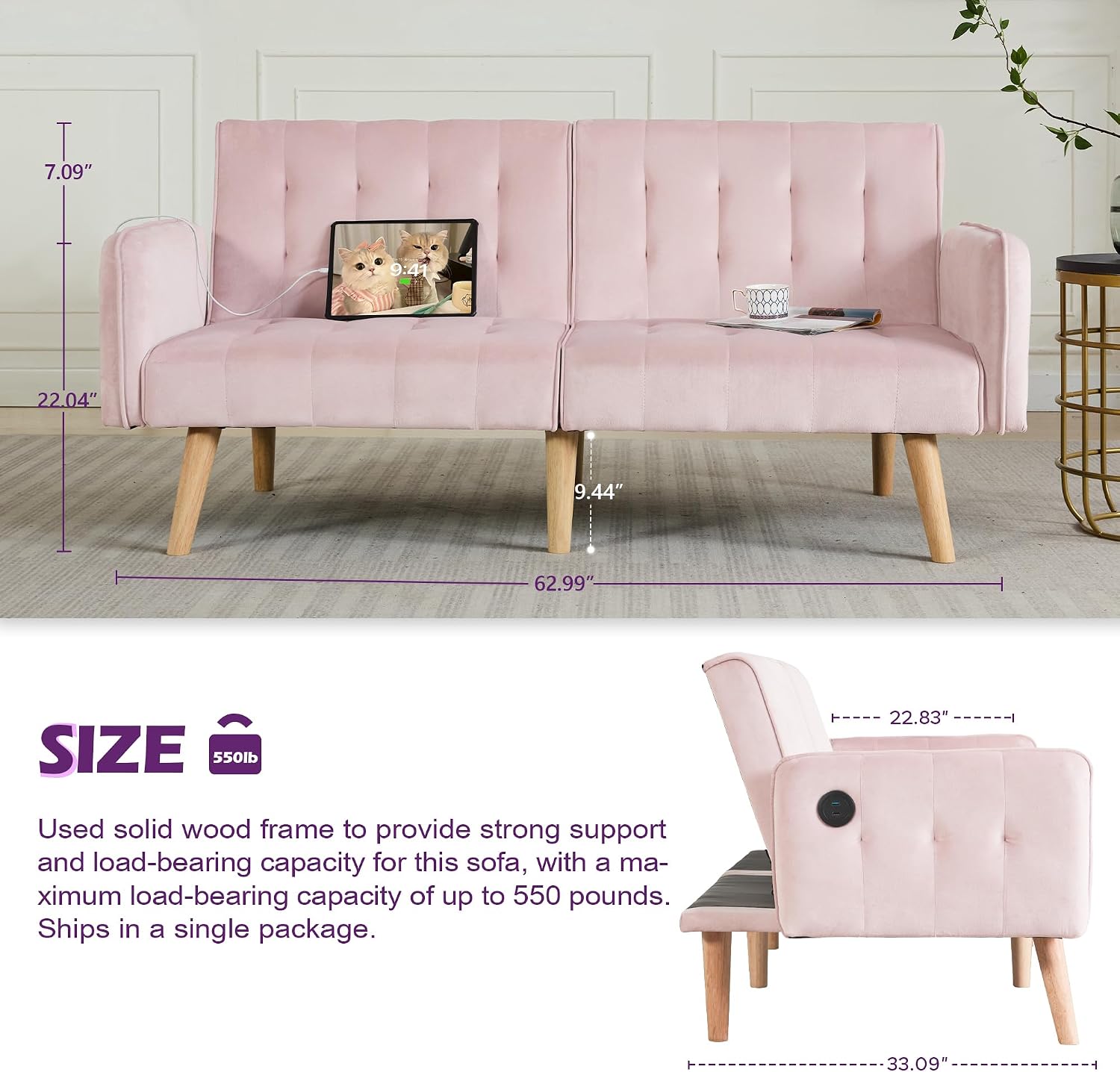 TYBOATLE 65' W Velvet Modern Convertible Folding Futon Couch Sofa Bed w/ 2 USB Charging Ports and arms, Loveseat for Compact Living Space, Dorm, Game Studio, Bonus Room, Apartment, Bedroom (Pink)