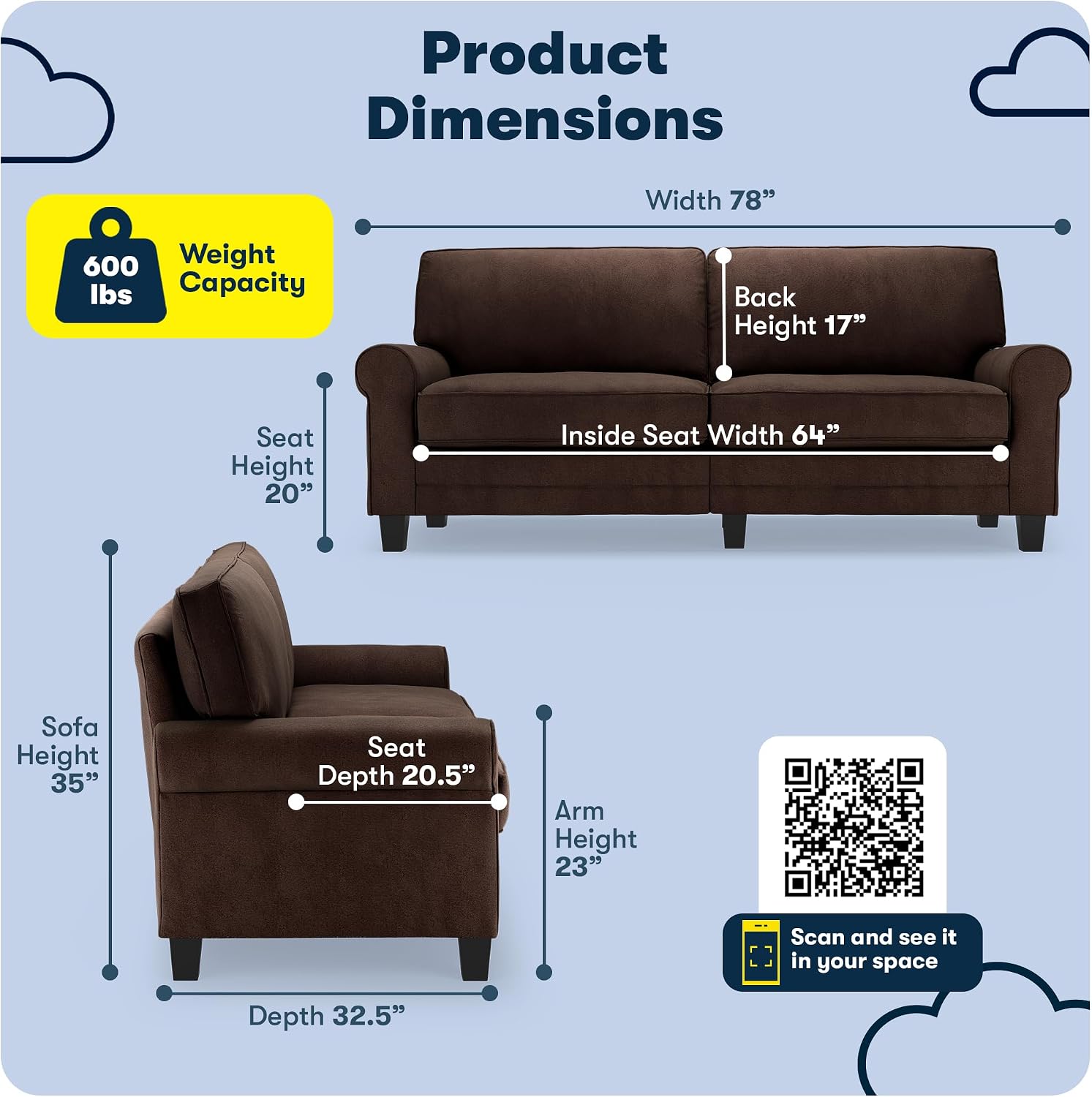 Serta Copenhagen 78' Rolled Arm Sofa, Easy Care Polyester, Soft Pillow Back, Pocket Coil Seat Cushions, Removable Covers, Loveseat or Couch for Small Spaces, Living Rooms or Bedrooms, Brown