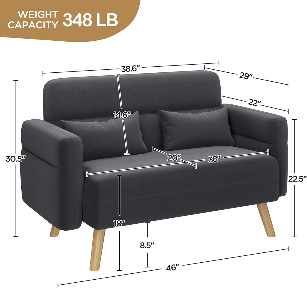 Yaheetech 46' Small Modern Fabric Sofa Loveseat Mid Century 2 Seater Sofa Couch with Lumbar Pillows, Solid Wood Legs for Living Room, Small Space, Dorm, Office, Bedroom, Dark Gray