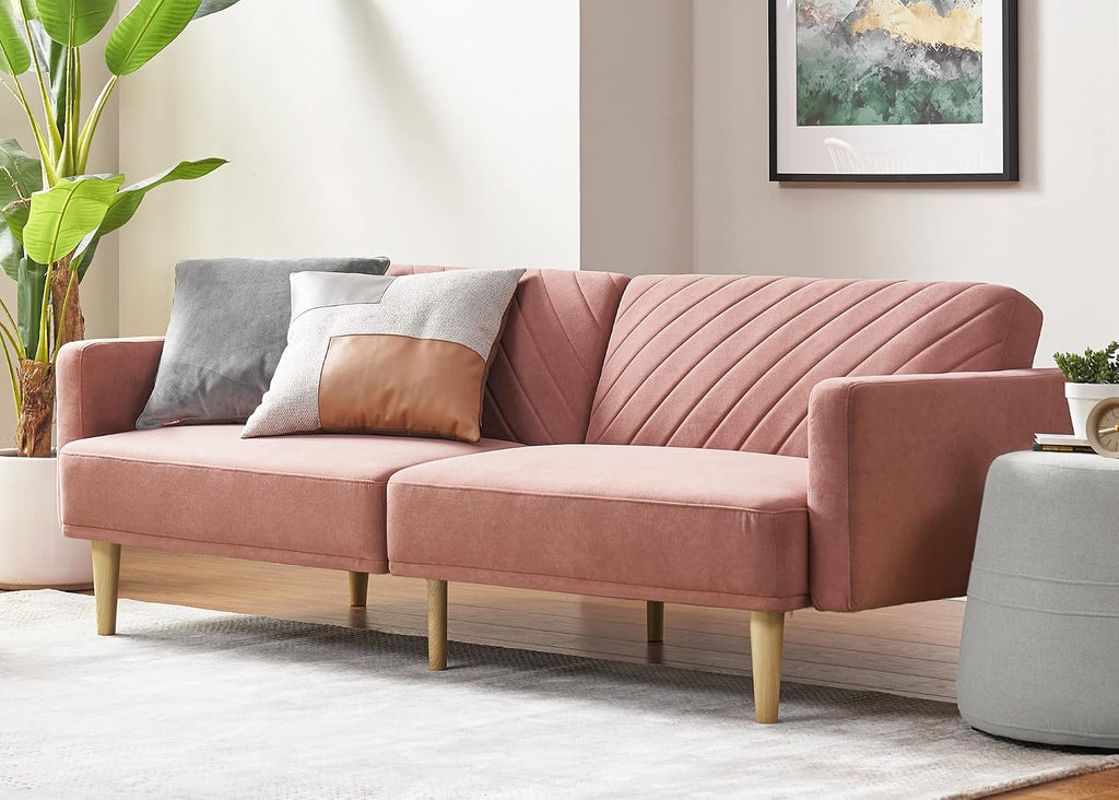 mopio 76.4' Futon Sofa Bed, Couch, Loveseat, Sleeper Sofa, Mid Century Modern Futon Couch, Sofa Cama, Couches for Living Room (Old Rosa Velvet)