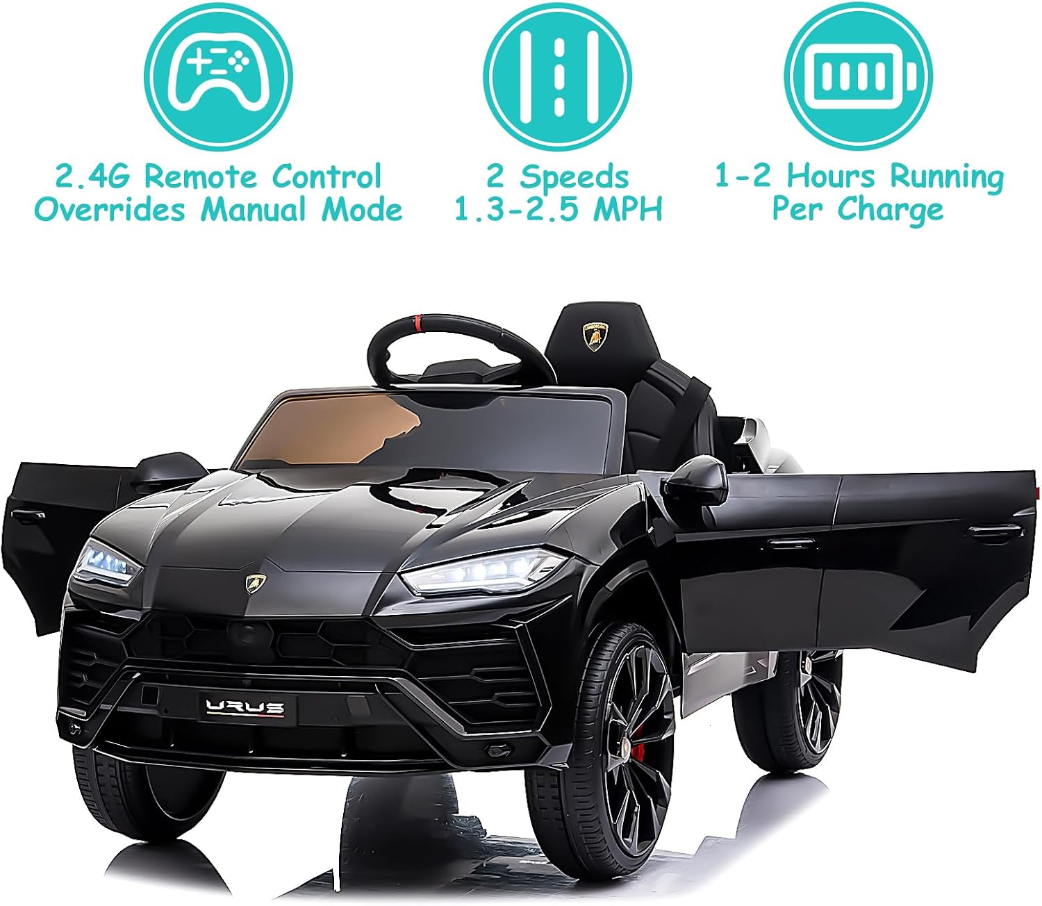 Electric Car for Kids 12V Licensed Lamborghini Ride On Car with Remote Control,Max Speed 2.5Mph,LED Lights,Music Players,Opening Doors,Spring Suspension,Toddler Cars to Drive (Black)
