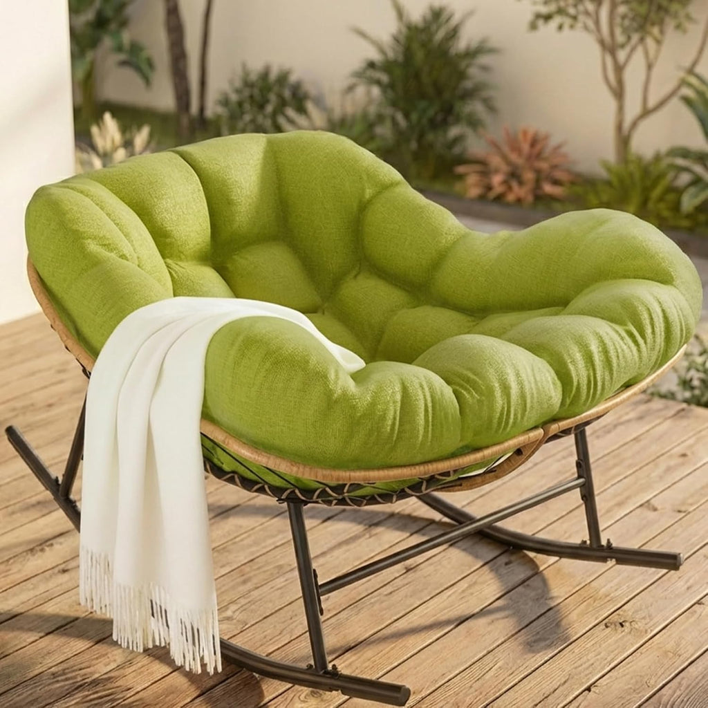 Easyego Oversized Papasan Rocking Chair Indoor Outdoor Use, Comfortable Wicker Rocker with Cozy Thicken Cushion for Deck, Balcony, Poolside, Lawn, Bedroom, Living Room, Green