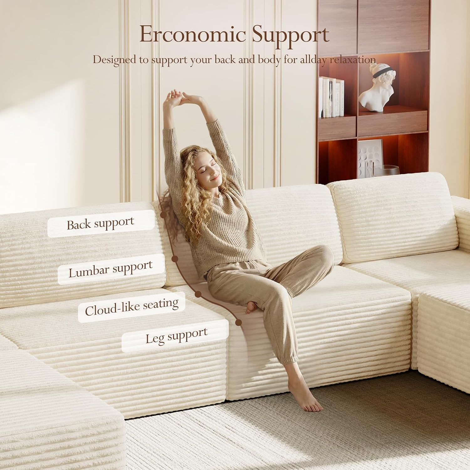Vesgantti 159' Large Modular Sectional Sofa, U-Shaped Corduroy Cloud Couch with Deep Seats & Spring Support, 4-Seater Boneless Sofa with 2 Movable Ottomans, No Assembly Needed, Beige
