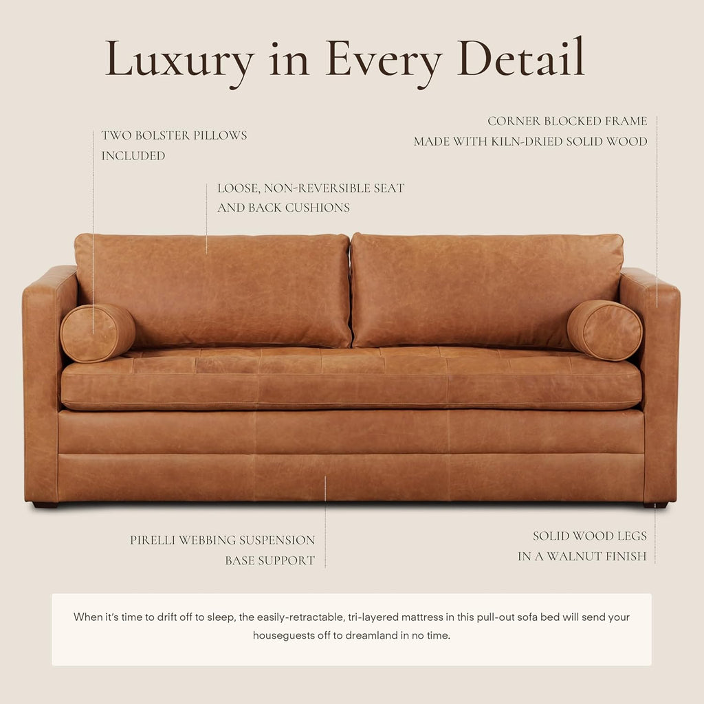 POLY & BARK Napa 82' Leather Pull‑Out Sleeper Sofa – Full‑Grain Italian Leather Upholstery,Tri‑Layer Mattress & Storage Console –Sophisticated Multi‑Functional Sofa Bed for Living Rooms & Guest Spaces