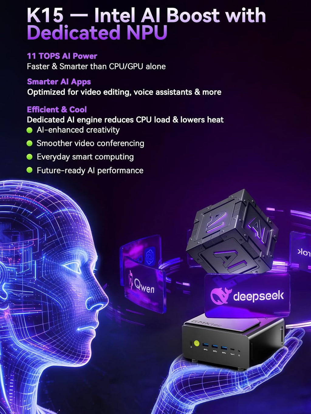GMKtec K15 AI Mini PC Oculink with Intel Core Ultra 5 125U Processor, Barebones Without RAM/SSD/OS, Desktop Computer AI Boost, 3X M.2 2280 Storage Expansion, Dual NIC 2.5GbE, HDMI 2.1, USB4