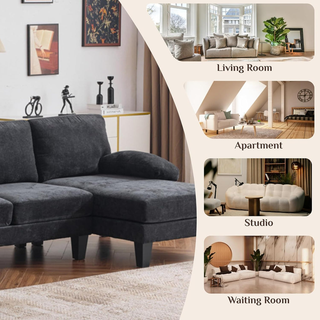 Karl home U-Shape Sectional Sofa Couch 111' Modern 4-Seat Sofa with Chaises Chenille Fabric Upholstered Covertible Couch with Wood Grain Legs for Living Room, Reception Room, Apartment, Black