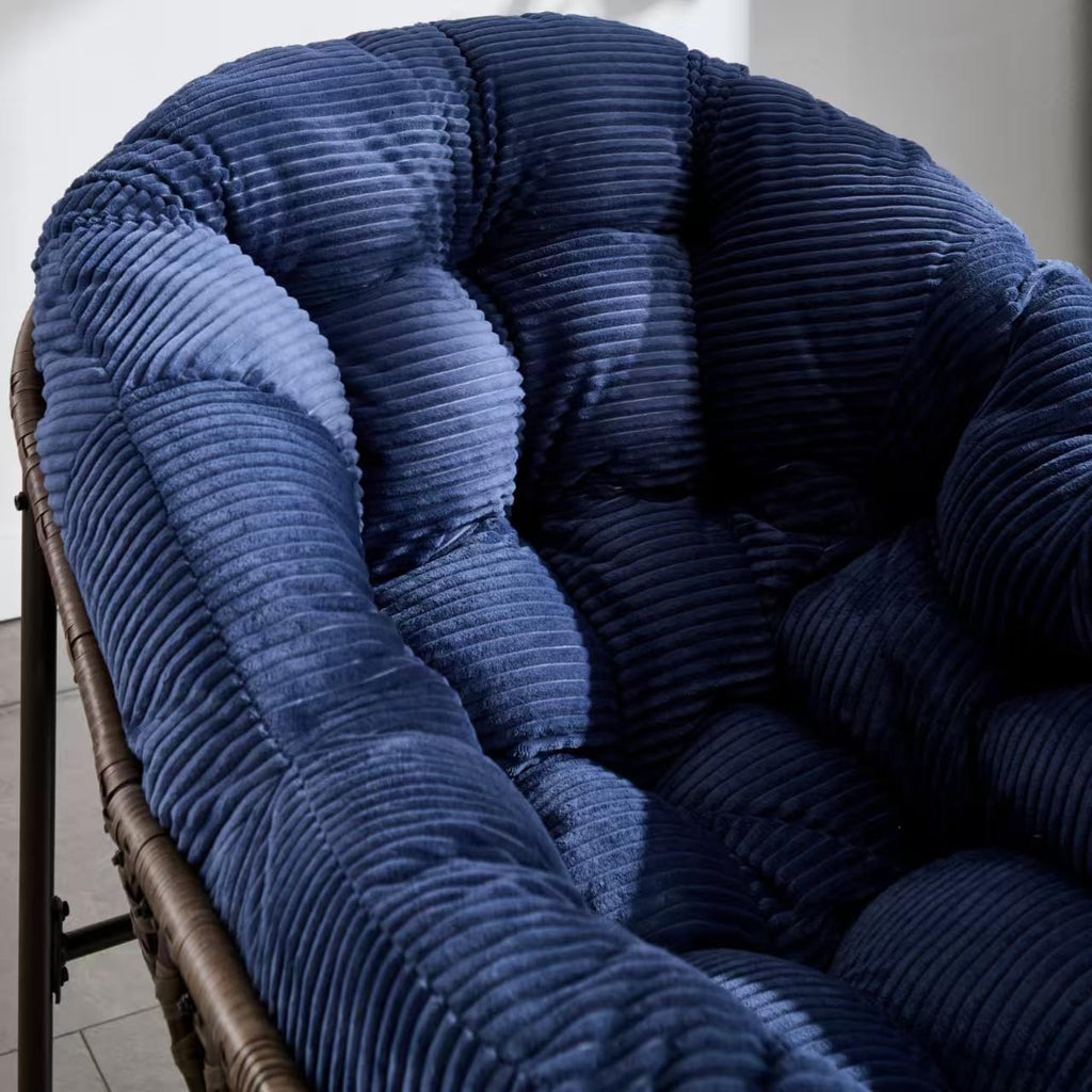 Outdoor Rattan Rocking Chair Oversized Papasan Recliner Lounger, Steel Frame & Thick Corduroy Cushion, Indoor/Outdoor Use for Patio, Porch, Backyard, Garden, Balcony, Navy Blue
