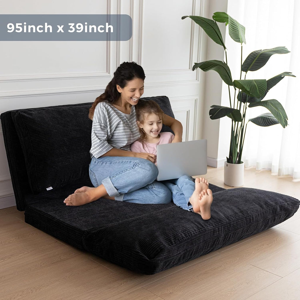 MAXYOYO Folding Sofa Bed, Extra Thick and Long Floor Sofa Convertible Sleeper Chair with Washable Cover, Floor Couch Lounge Bean Bag Bed for Living Room, Black, 39x95 Inch