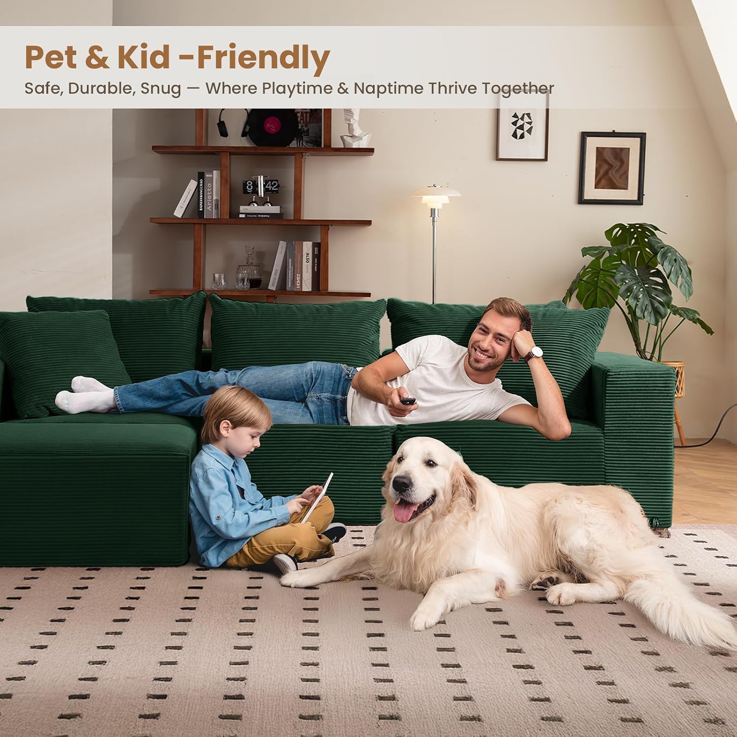 108' L-Shaped Boneless Couch, Modular Sectional Sofa with Moveable Ottoman, Corduroy Cloud Couches for Living Room, No Assembly, Ship in a Box, Green