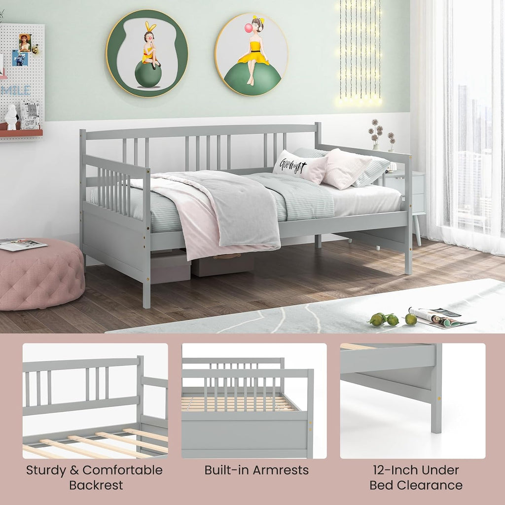 Giantex Twin Daybed Frame, Wooden Sofa Bed Guest Bed with Rails & Wood Slat Support, Dual-use Twin Size Platform Bed Frame for Living Room Bedroom, No Box Spring Needed, Grey