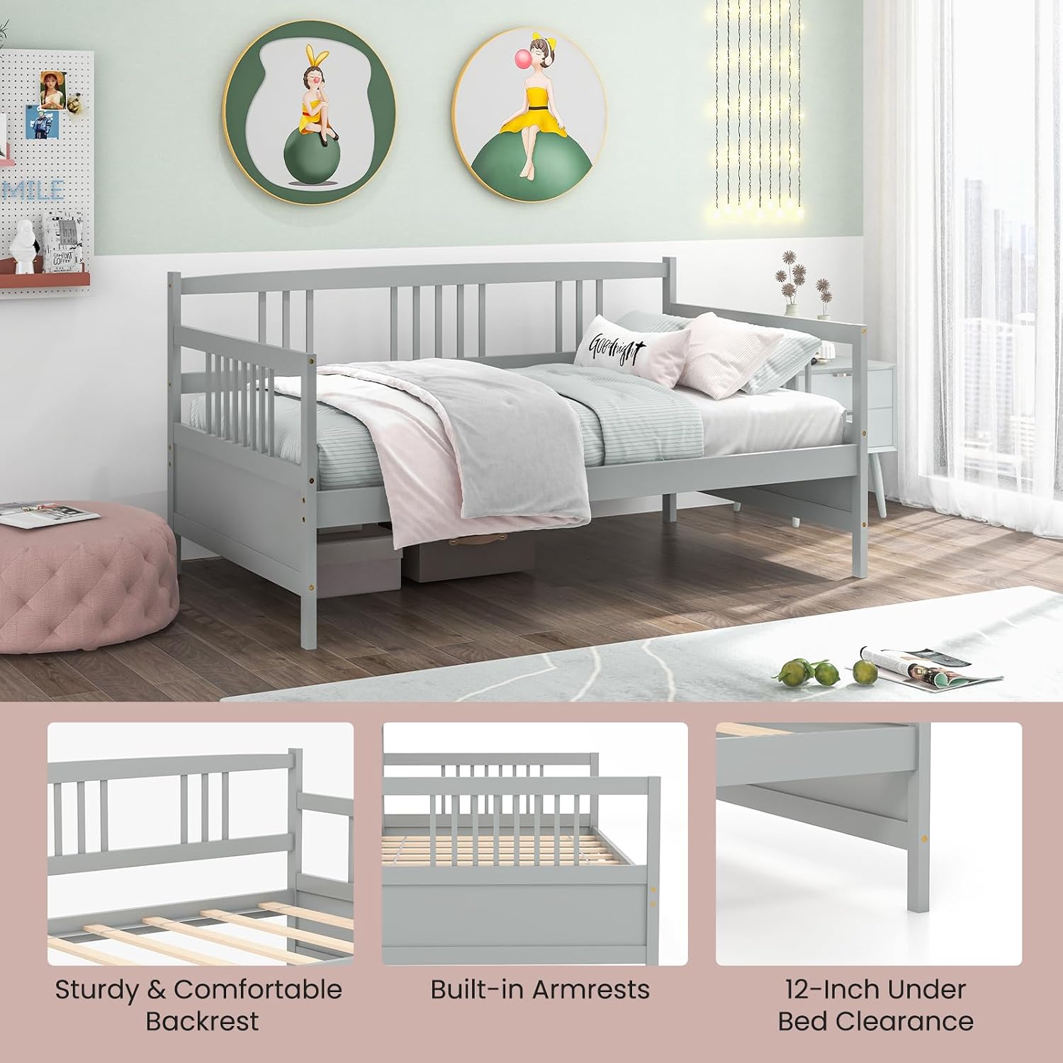 Giantex Twin Daybed Frame, Wooden Sofa Bed Guest Bed with Rails & Wood Slat Support, Dual-use Twin Size Platform Bed Frame for Living Room Bedroom, No Box Spring Needed, Grey