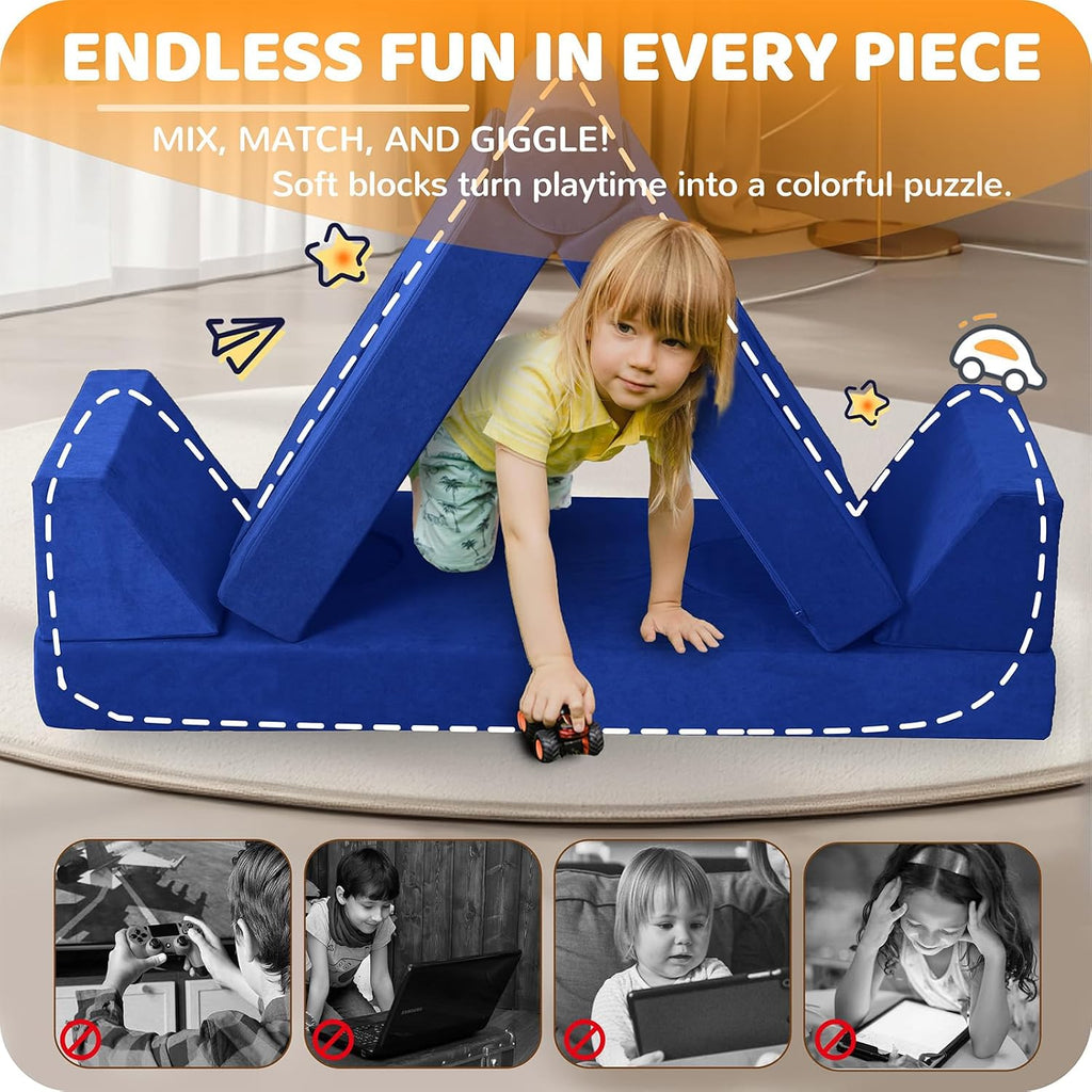 12 Pcs Modular Kids Play Couch – Premium Soft Foam, Removable Cover, Comfortable & Safe Toddler Couch for Children 1-6 Years, Portable & Easy to Clean, Ideal for Living Room & Playroom, Blue