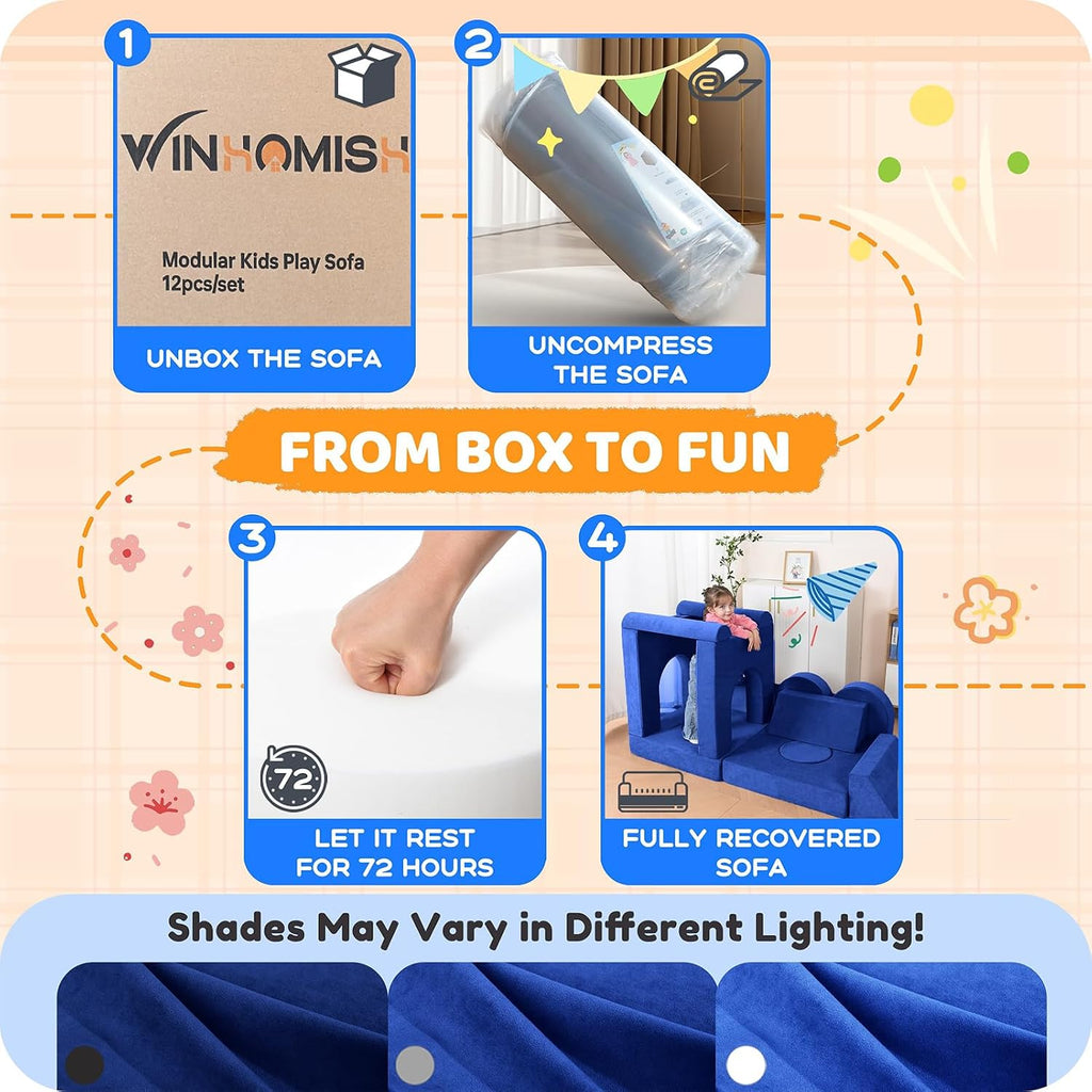 12 Pcs Modular Kids Play Couch – Premium Soft Foam, Removable Cover, Comfortable & Safe Toddler Couch for Children 1-6 Years, Portable & Easy to Clean, Ideal for Living Room & Playroom, Blue
