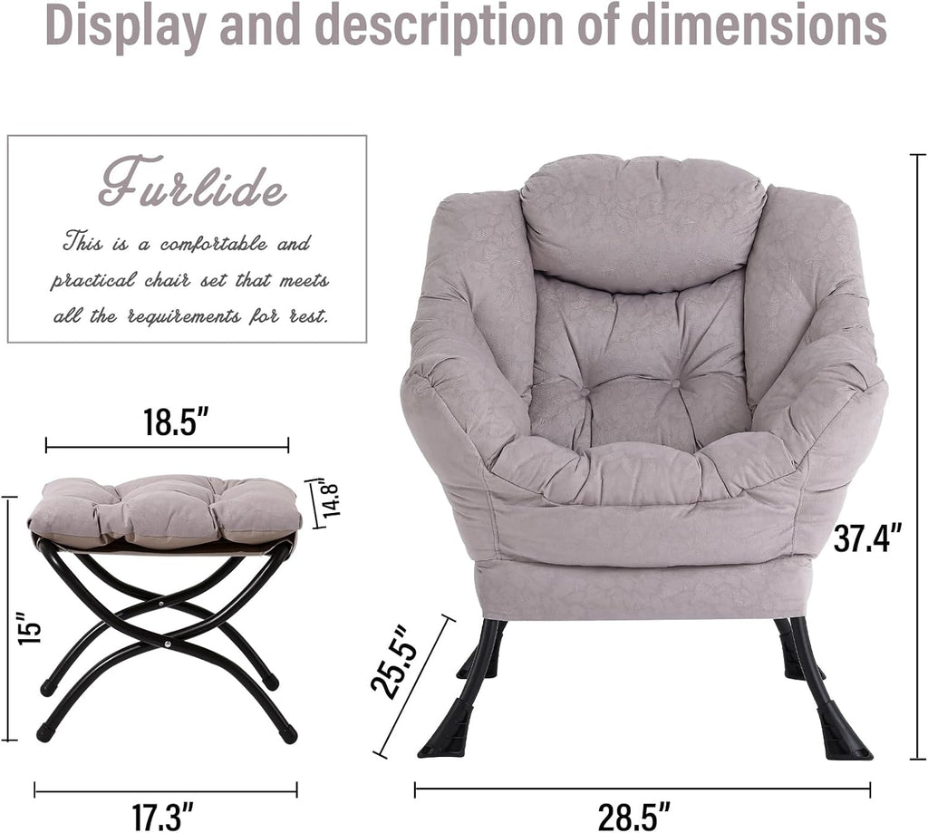 Furlide Lazy Chair with Ottoman, Modern Chair with Folding Footrest, Lounge Accent Chair, Comfortable Reading Chair, Oversized Armchairs for Bedroom, Study, Living Room, Courtyard (Light Grey)