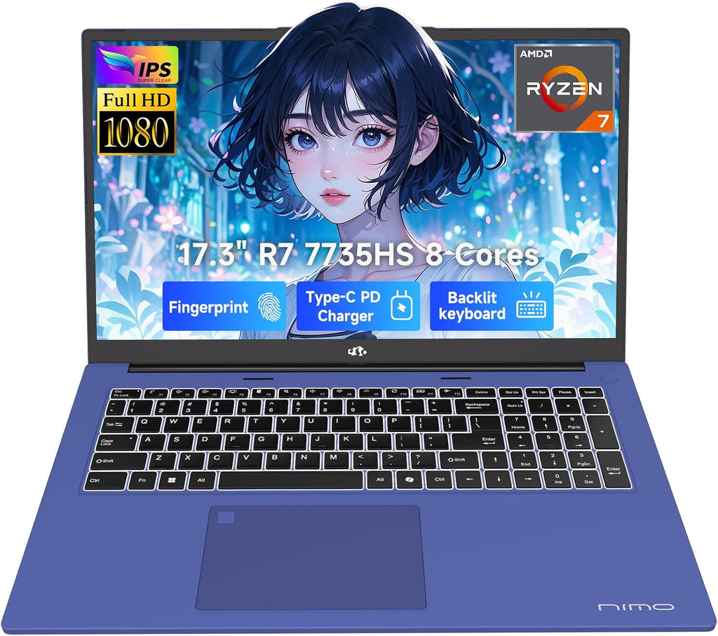 NIMO 17.3' Business-Laptop, AMD Ryzen 7 7735HS (8C/16T), 64GB RAM 2TB NVMe SSD, Radeon 680M for Light Gaming, PD 100W Type-C WiFi-6E BT5.2 Fingerprint Unlock Backlit Keyboard for Working & Student