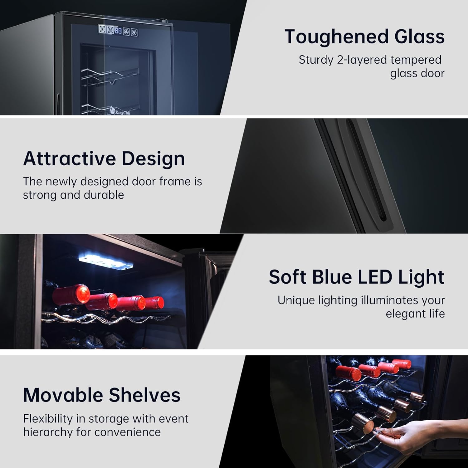 KingChii 18 Bottle Wine Cooler, Freestanding Wine Fridge with Glass Door, Adjustable Shelves & Digital Temperature Display Wine Refrigerator for Red, White, Champagne - Perfect for Home, Kitchen, Bar