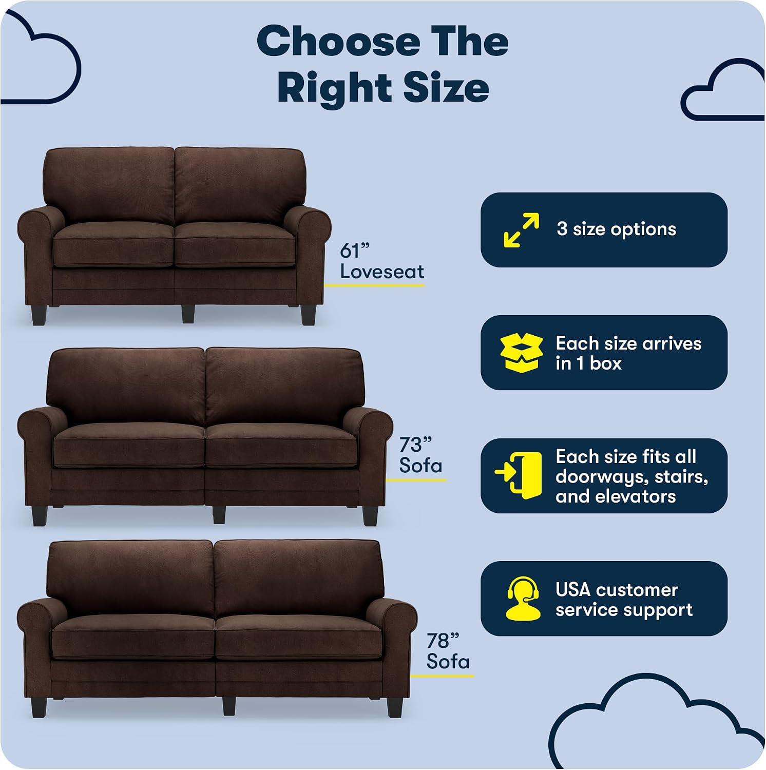 Serta Copenhagen 78' Rolled Arm Sofa, Easy Care Polyester, Soft Pillow Back, Pocket Coil Seat Cushions, Removable Covers, Loveseat or Couch for Small Spaces, Living Rooms or Bedrooms, Brown
