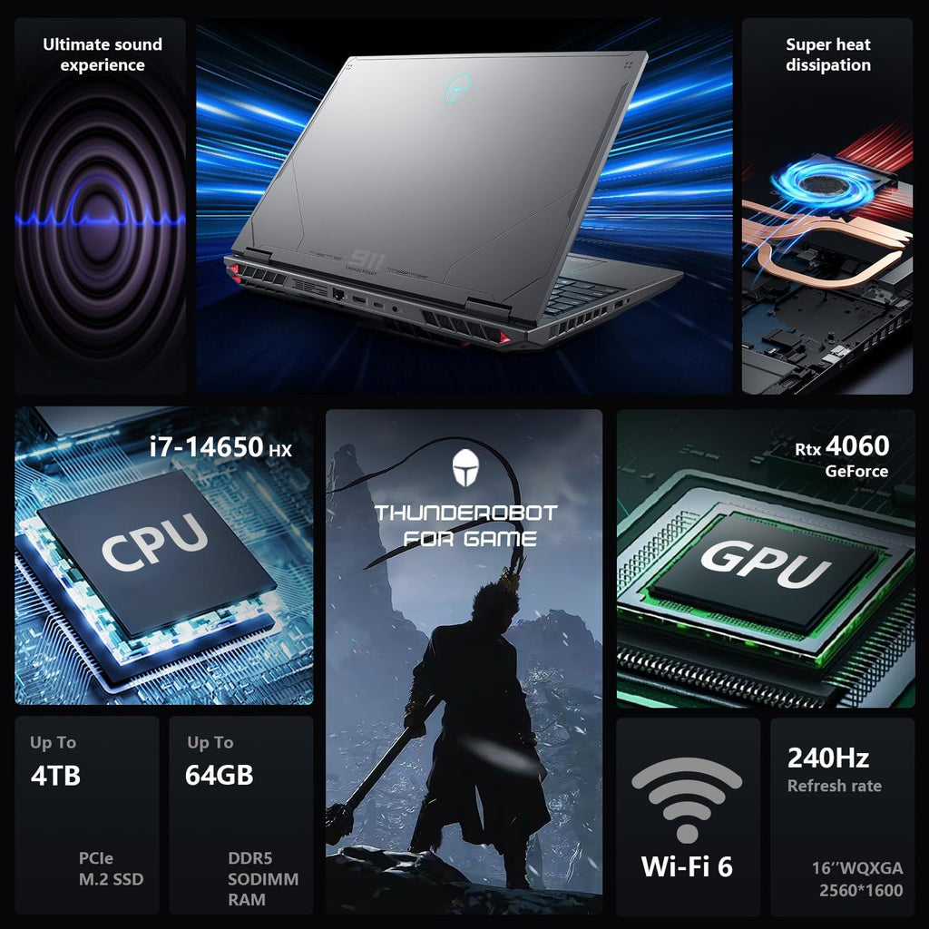 Thunderobot Radiant 16 4060 2.5K Gaming Laptop, 16' WQXGA 240Hz Display, 14th Gen i7-14650HX, GeForce RTX 4060, 16GB DDR5 RAM, 512GB PCIe SSD, RGB Backlit Keyboard, Wi-Fi 6, Win 11, Gray