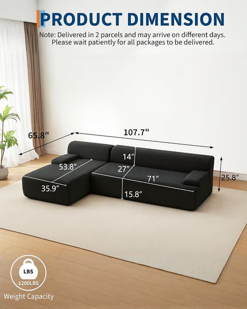 108' Cloud Sectional Couch with Chaise - Super Fluffy Boneless Sofa, Ultra Soft Corduroy L Shaped Couch Bed, Creates Cozy Atmosphere. Perfect Comfy Couches for Living Room, No Assembly Required, Black