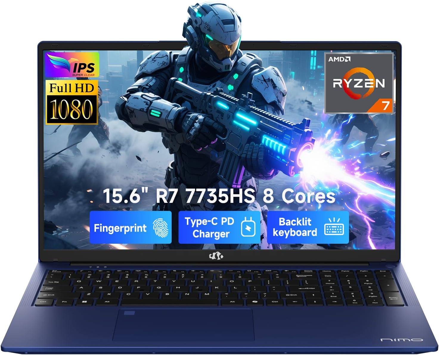 NIMO 15.6' IPS FHD Gaming-Laptop, AMD 8 Core Ryzen 7 7735HS 16GB DDR5 RAM 512GB SSD (Beats i7-12650H, Up to 4.75GHz) Computer with Radeon 680M 100W Type-C Backlit Keyboard Fingerprint