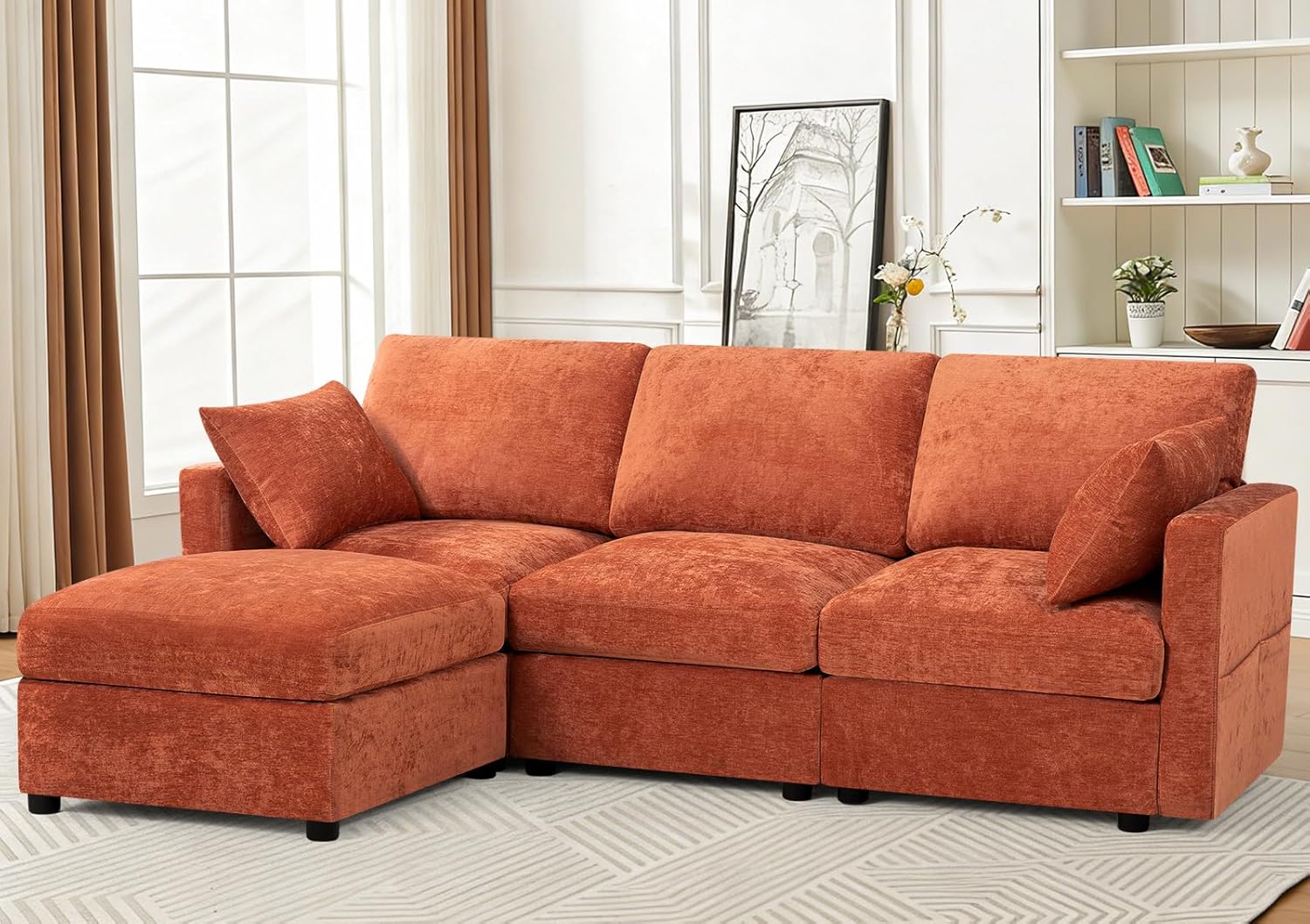 84' Chenille 3 Seater Sofa W/Movable Ottoman, Modern Fabric L-Shaped Couch w/Soft Backrests, Upholstered Sectional Sofa w/Arm Pillows for Living Room, Office, Orange