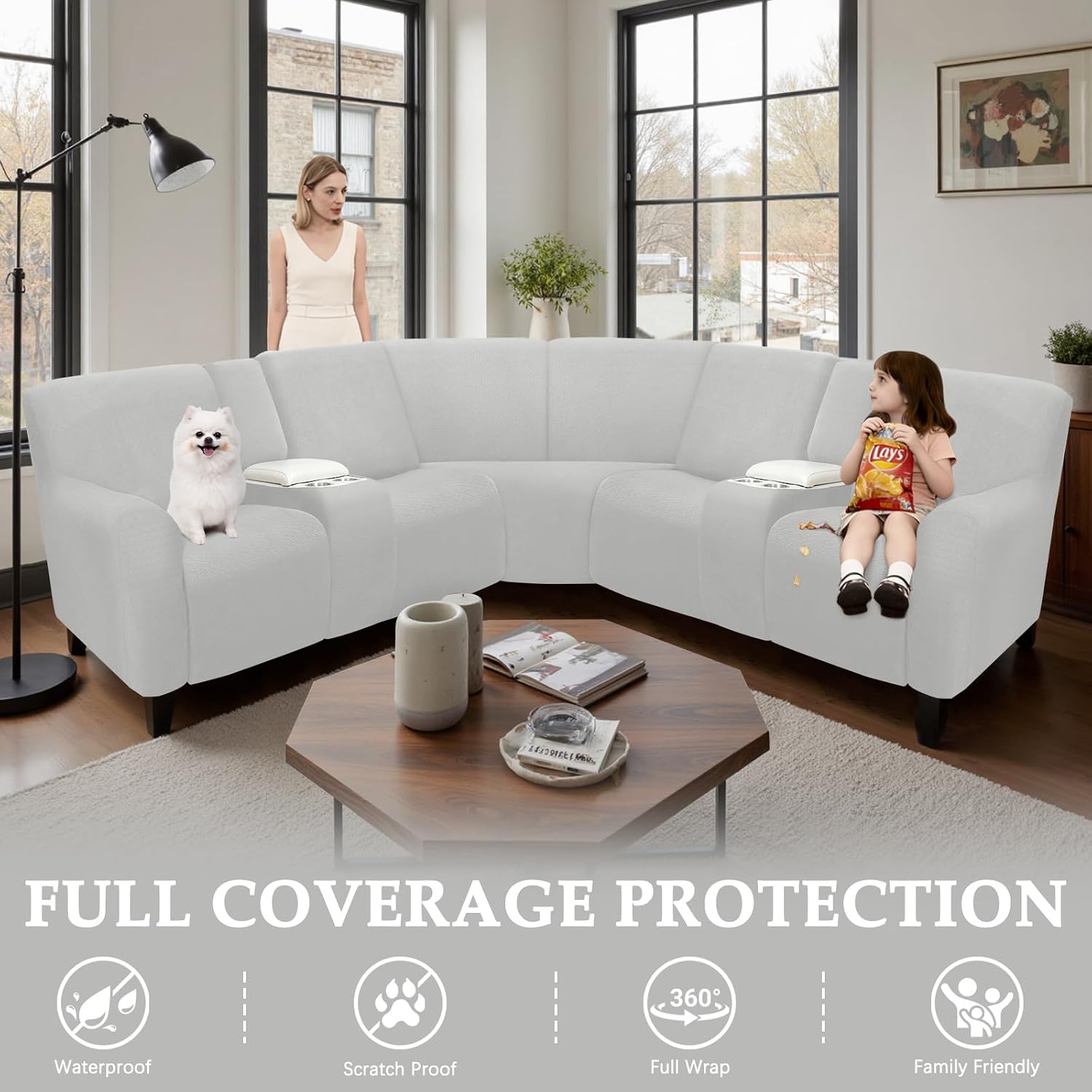 Reclining Sectional Couch Covers Waterproof L Shape Washable Recliner Sofa Cover for L Shaped Sectional Super Stretch Soft Corner Recliner Slipcovers (5 Seater 2 Console Cover, Ash Gray)