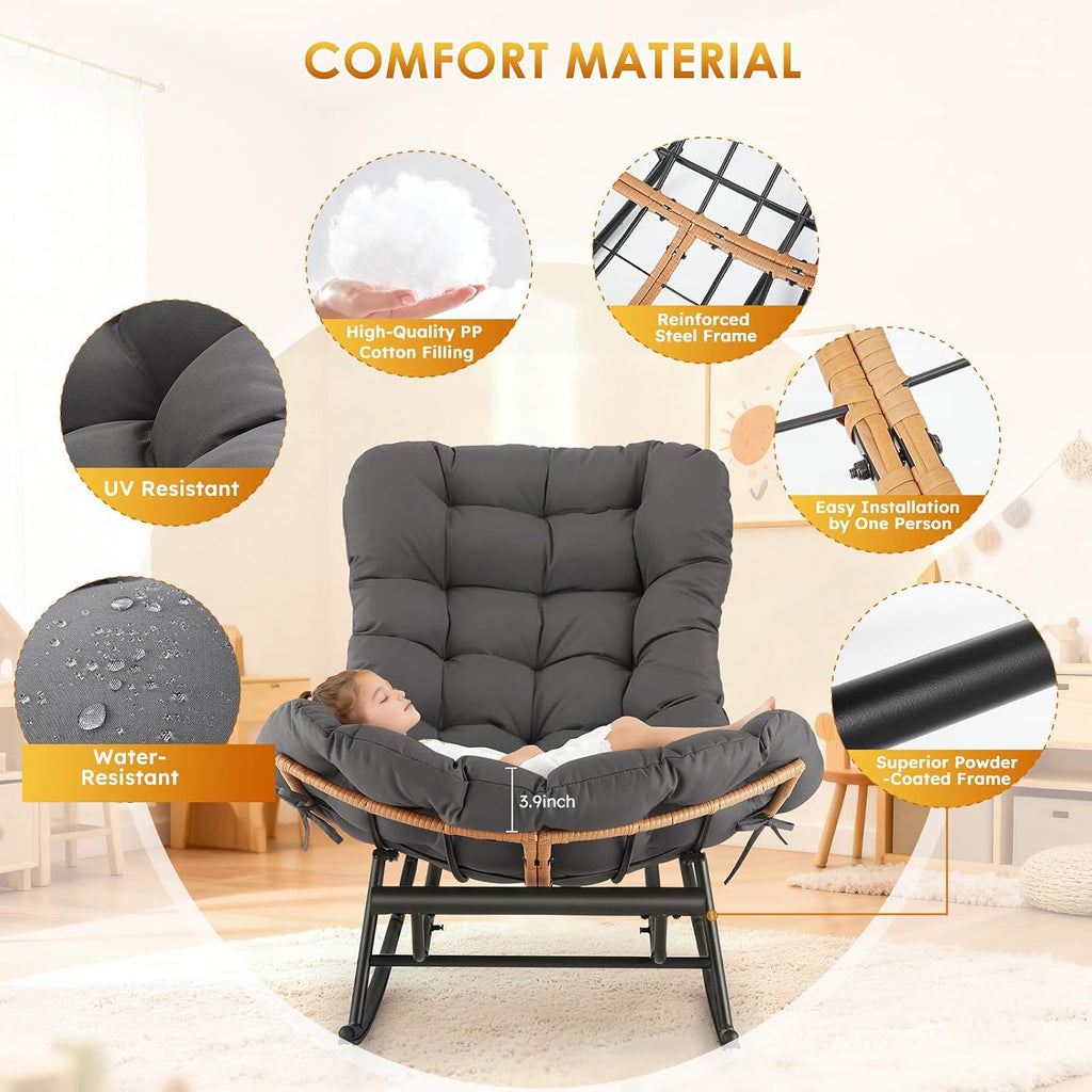 Garvee Papasan Rocking Chair with Foot Rest, Oversized Papasan Chair with Thick Removable Cushion and Metal Frame, Lounge Chairs and PE Rattan Rocker for Patio, Porch, Garden, Lawn, Living Room