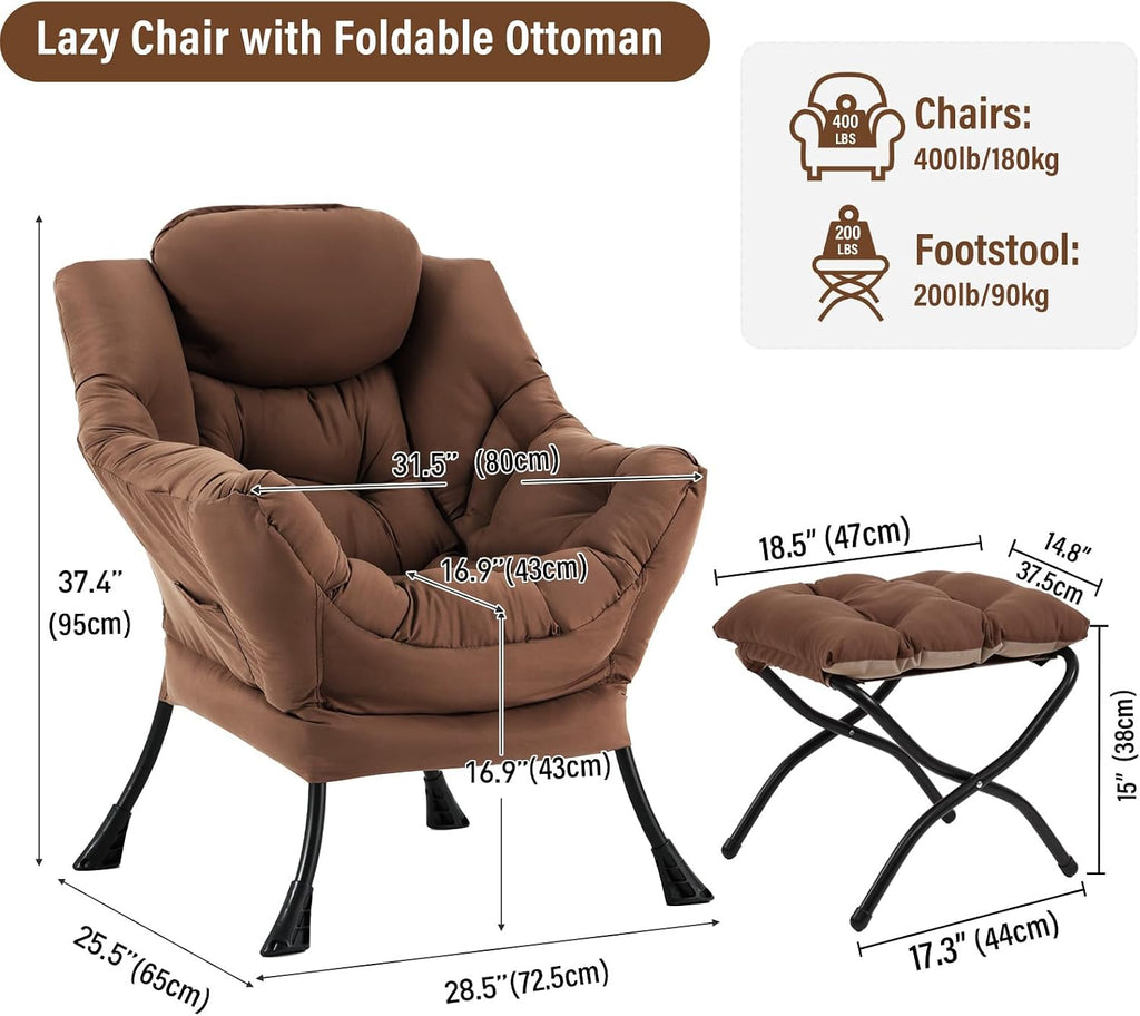 Furlide Lazy Chair with Ottoman, Modern Accent Chairs with Folding Footrest, Dark Brown Sofa Chair Set, Comfortable Reading Chairs, Oversized Armchairs for Bedroom, Study, Living Room, Courtyard