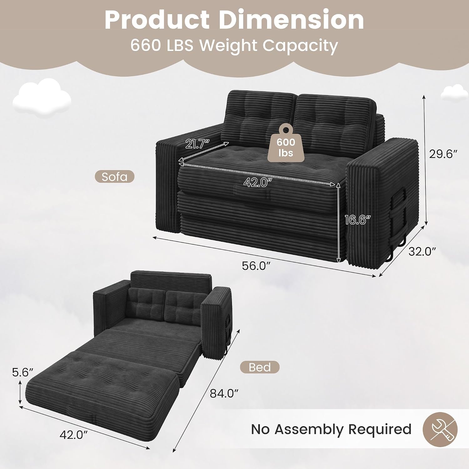 Convertible Sofa Bed, 2 in 1 Boneless Couch Bed with 2 Pillows, Corduroy Pull out Couch Folding Sofa Bed with Deep Seat, Small Loveseat Sleeper Sofa Bed in a Box for Small Spaces, No Assembly Required