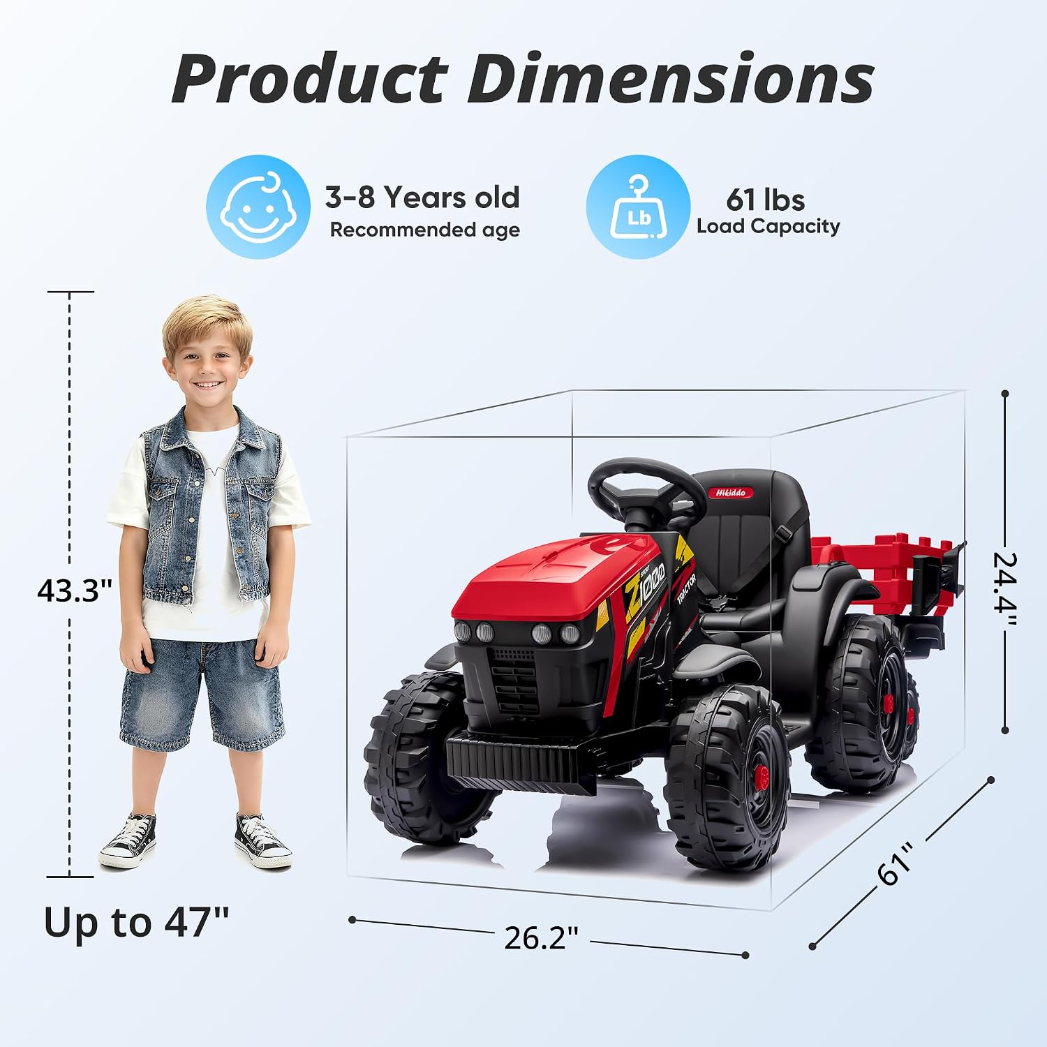 Hikiddo 24V Kids Ride on Tractor Toy, Electric Tractor for Kids 3-8 with Trailer, 2x200W Motors - Red