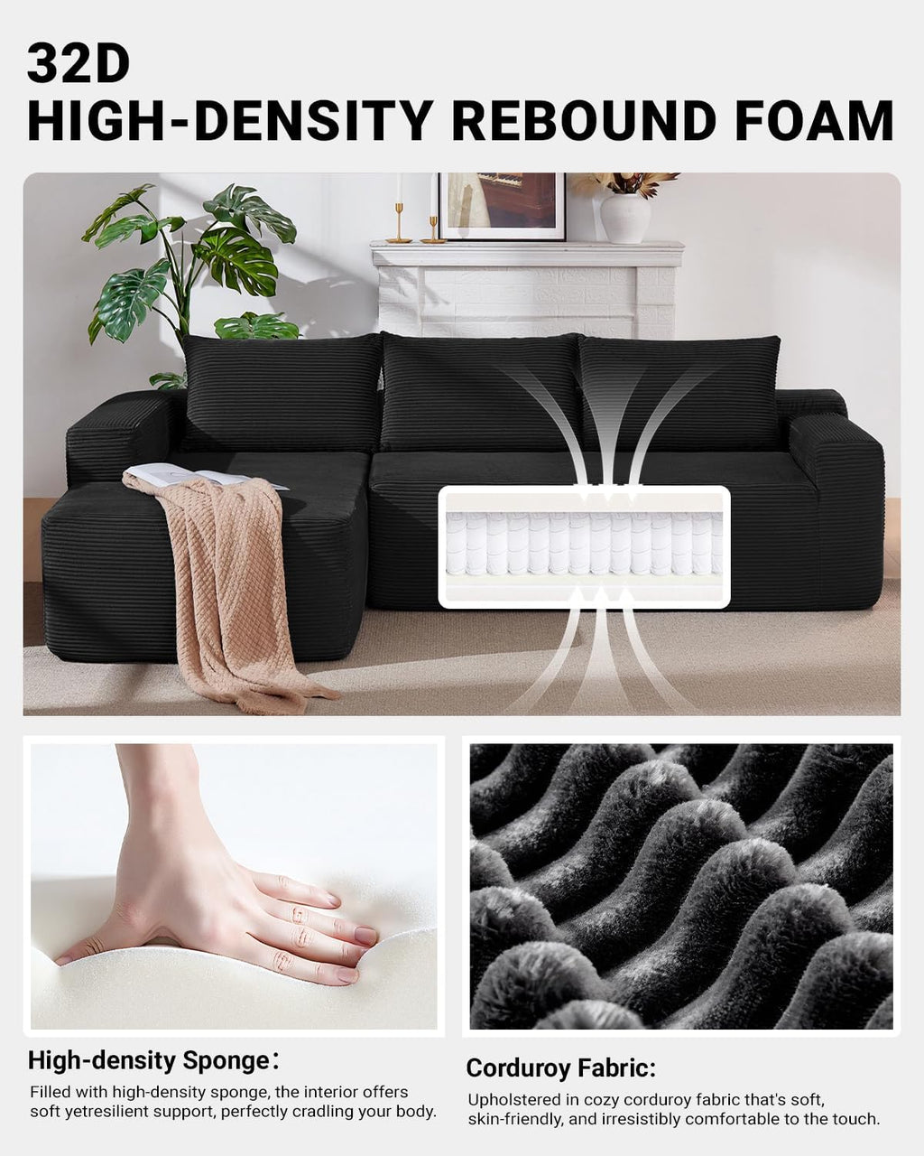 96 Inch Cloud Sectional Couch,Modern Modular Sectional Sofa with Deep Seat,Corduroy Boneless Couches with L-Shape Chaise for Living Room Bedroom,No Assembly Required (Black, Left Facing Chaise)